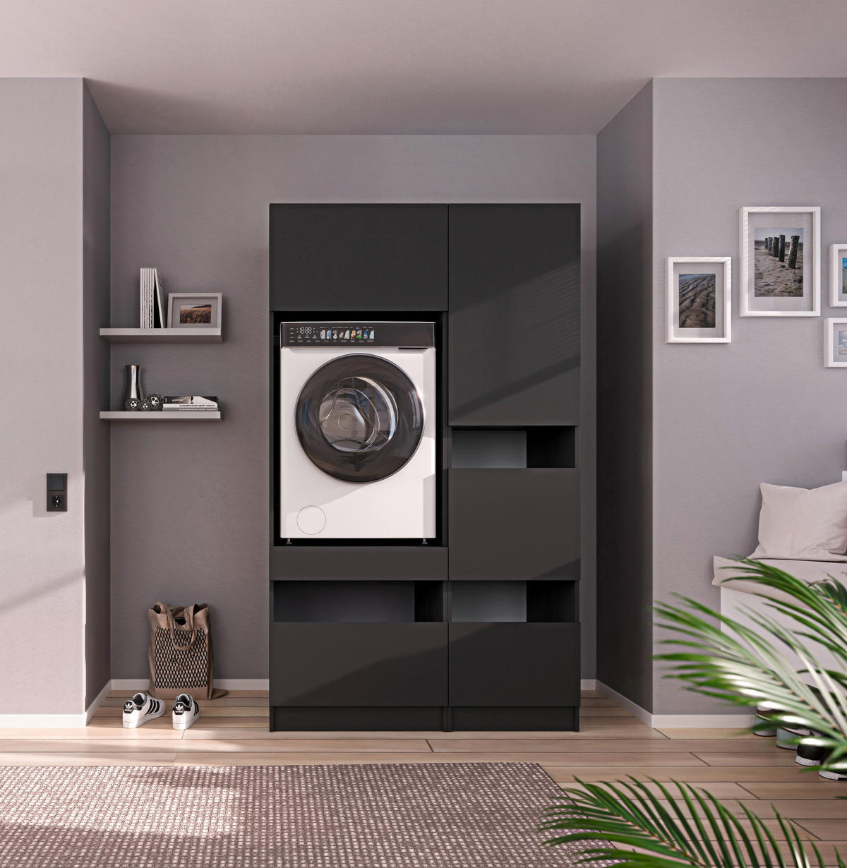 WASCHMASCHINENSCHRANK 68/200/68 cm  in Anthrazit  - Anthrazit/Schwarz, Design, Holzwerkstoff/Metall (68/200/68cm) - Milino