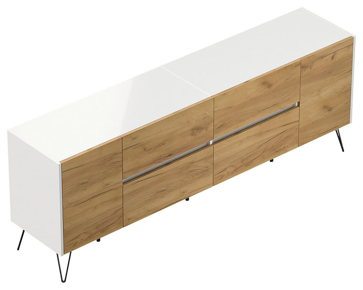 SIDEBOARD Posseik Industrial  in 199/75,8/42 cm  - Eichefarben/Weiß Hochglanz, Design, Holzwerkstoff/Metall (199/75,8/42cm) - P & B