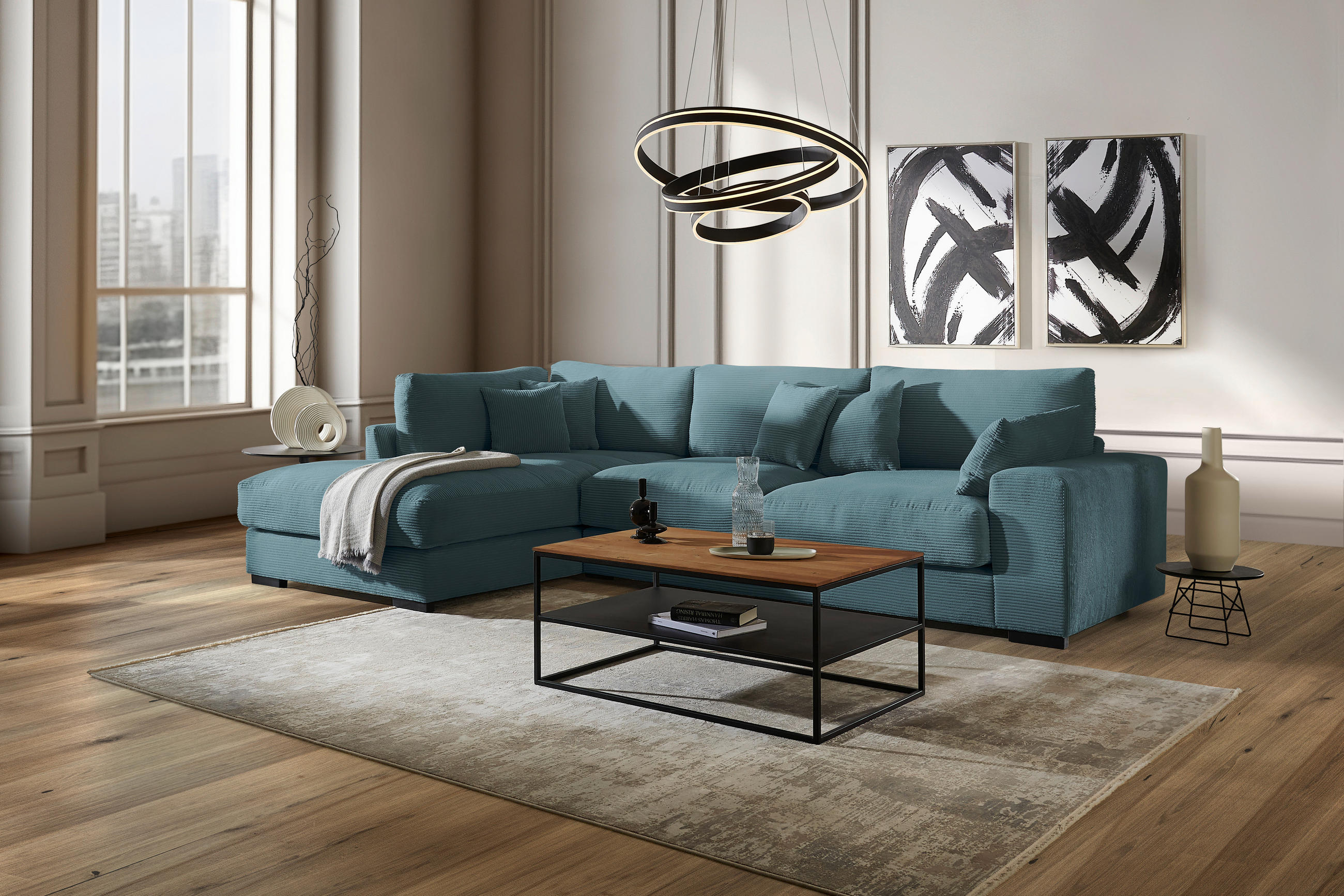 ECKSOFA in Cord Hellblau  - Schwarz/Hellblau, Design, Kunststoff/Textil (205/340cm) - Lomoco