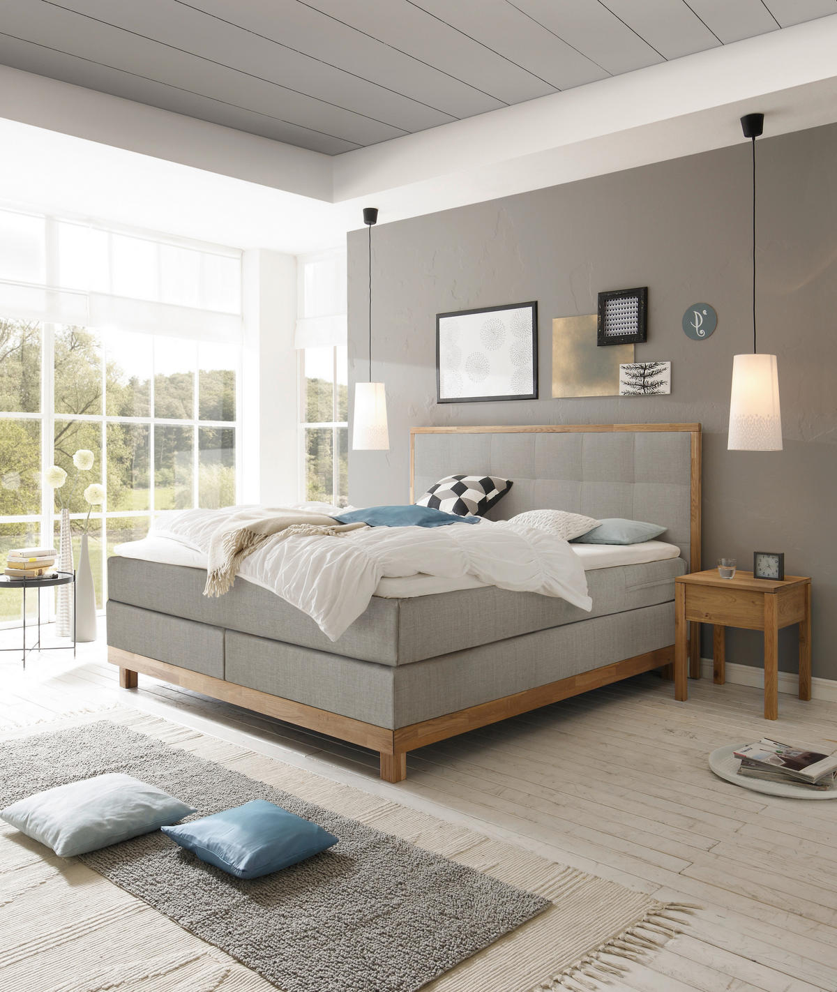 BOXSPRINGBETT 180/200 cm  in Grau, Eichefarben  - Eichefarben/Grau, KONVENTIONELL, Holz/Textil (180/200cm) - Hasena
