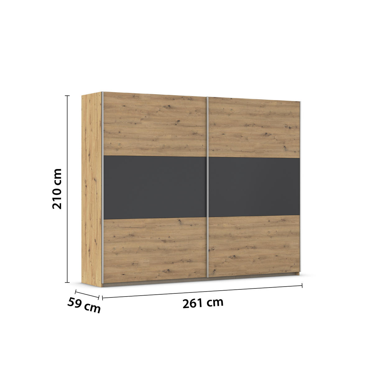 SCHWEBETÜRENSCHRANK 261/210/59 cm 2-türig Grau, Eiche Artisan  - Alufarben/Eiche Artisan, KONVENTIONELL, Holzwerkstoff/Metall (261/210/59cm)