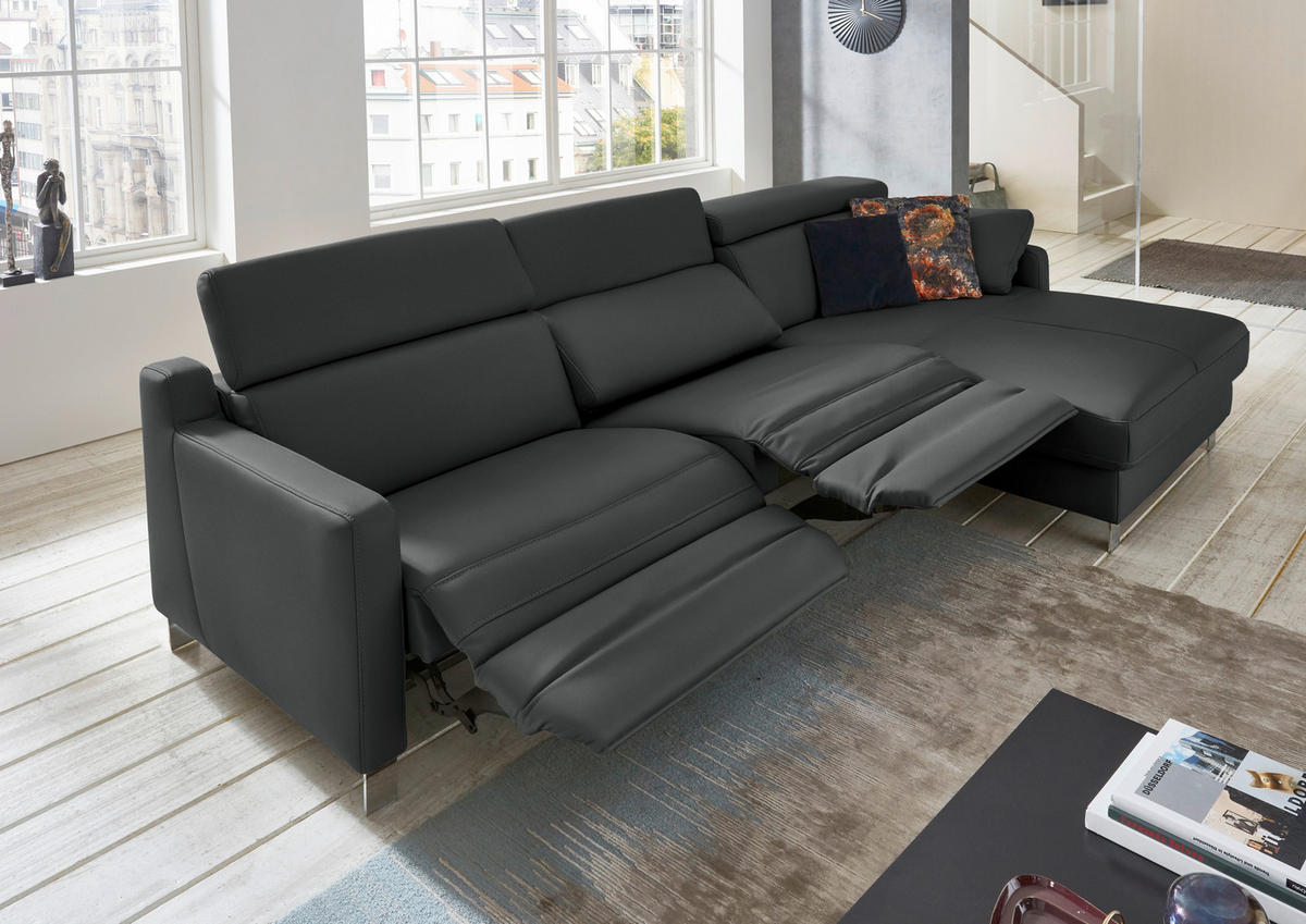 ECKSOFA in Echtleder Anthrazit  - Chromfarben/Anthrazit, Design, Leder/Metall (291/176cm) - Valdera