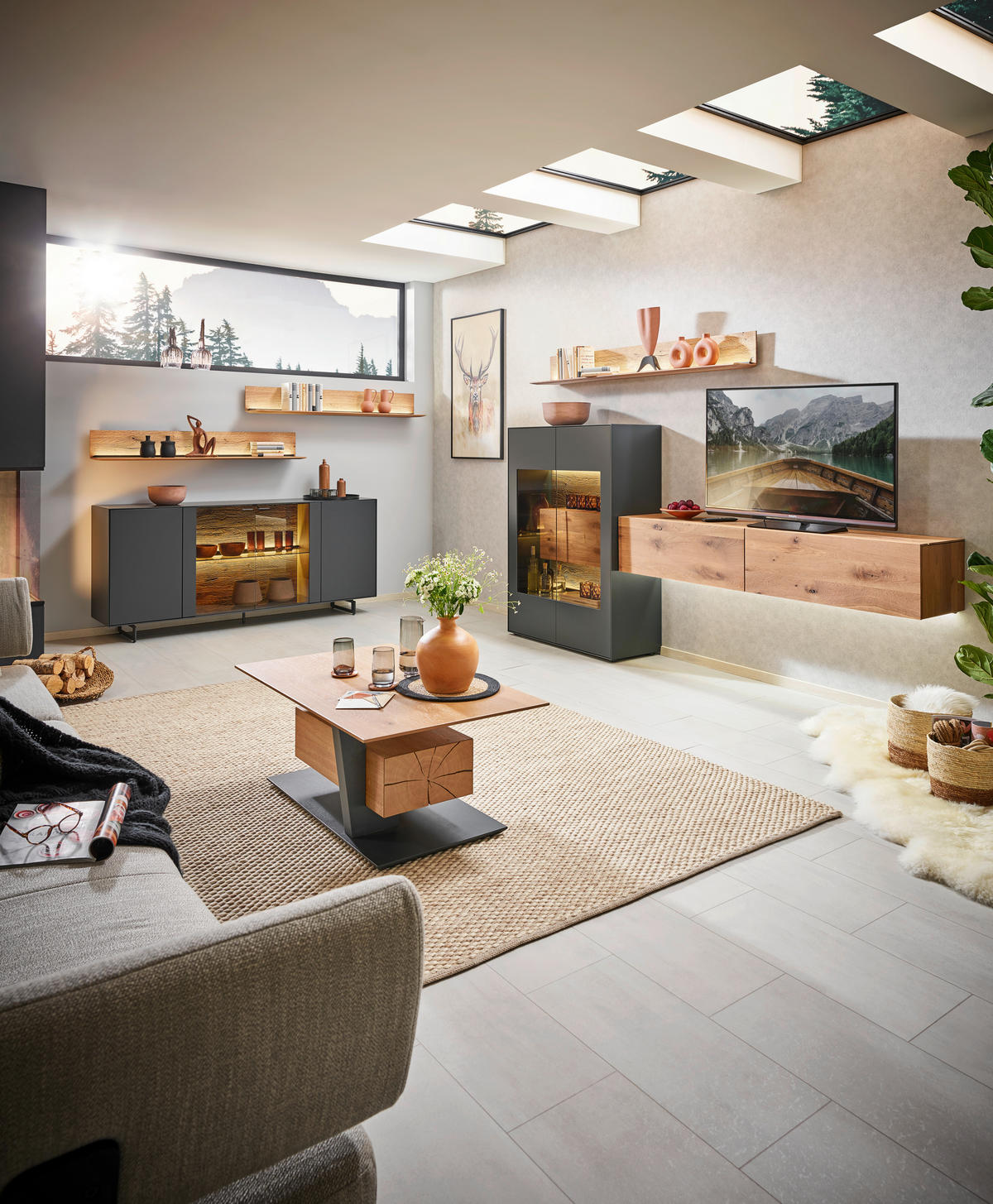 WOHNWAND  in Anthrazit, Eichefarben 299/148/44 cm  - Eichefarben/Anthrazit, Natur, Glas/Holz (299/148/44cm) - Valnatura