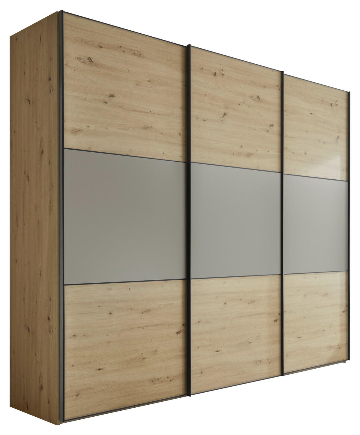 SCHWEBETÜRENSCHRANK in Hellgrau, Eiche Artisan  - Hellgrau/Schwarz, Holzwerkstoff/Metall (298/222/68cm) - Moderano
