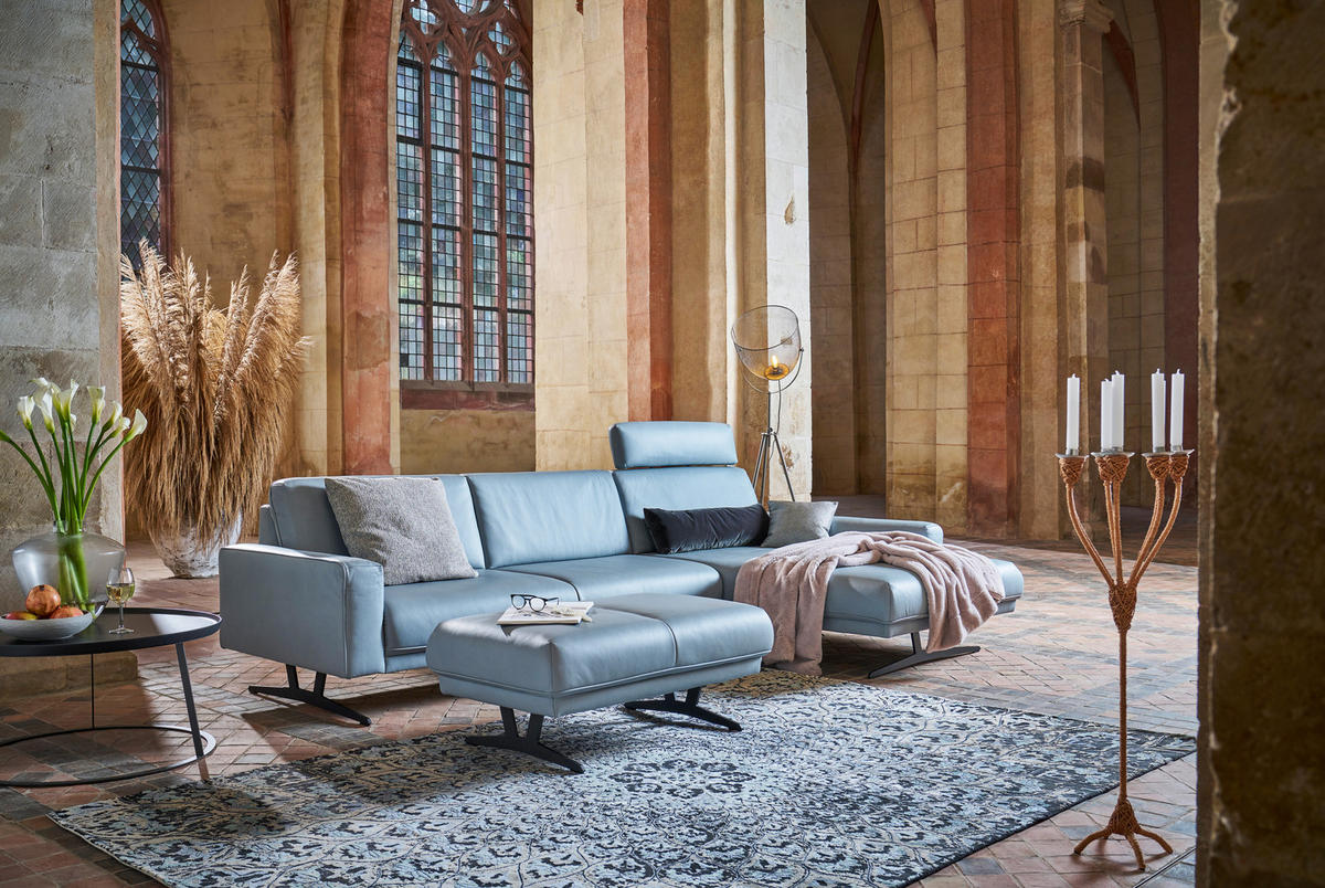 ECKSOFA in Echtleder Hellblau  - Anthrazit/Hellblau, Konventionell, Leder/Metall (324/179cm) - Johann Jakob