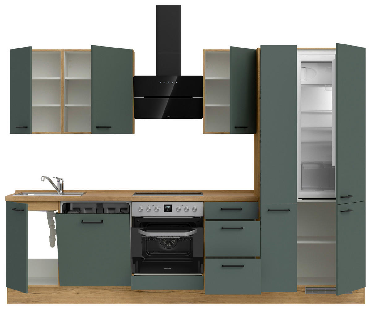 KÜCHENBLOCK Easytouch 300 cm  in Eichefarben, Dunkelgrün  - Dunkelgrün/Eichefarben, MODERN, Holzwerkstoff/Metall (300cm) - Nobilia