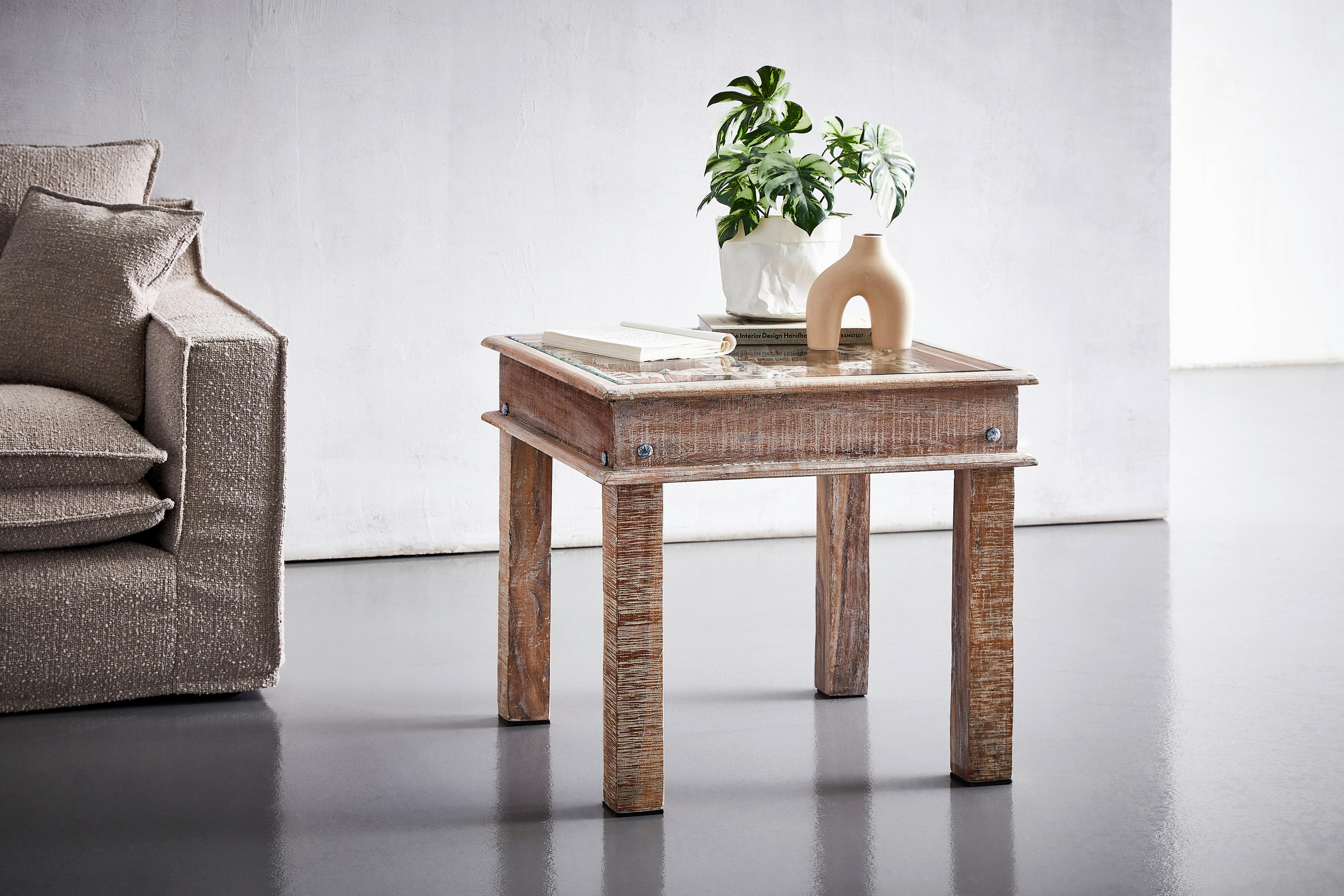 BEISTELLTISCH 60/60/60 cm Recyclingholz vollmassiv Naturfarben, Weiß quadratisch  - Naturfarben/Weiß, Trend, Glas/Holz (60/60/60cm) - Landscape