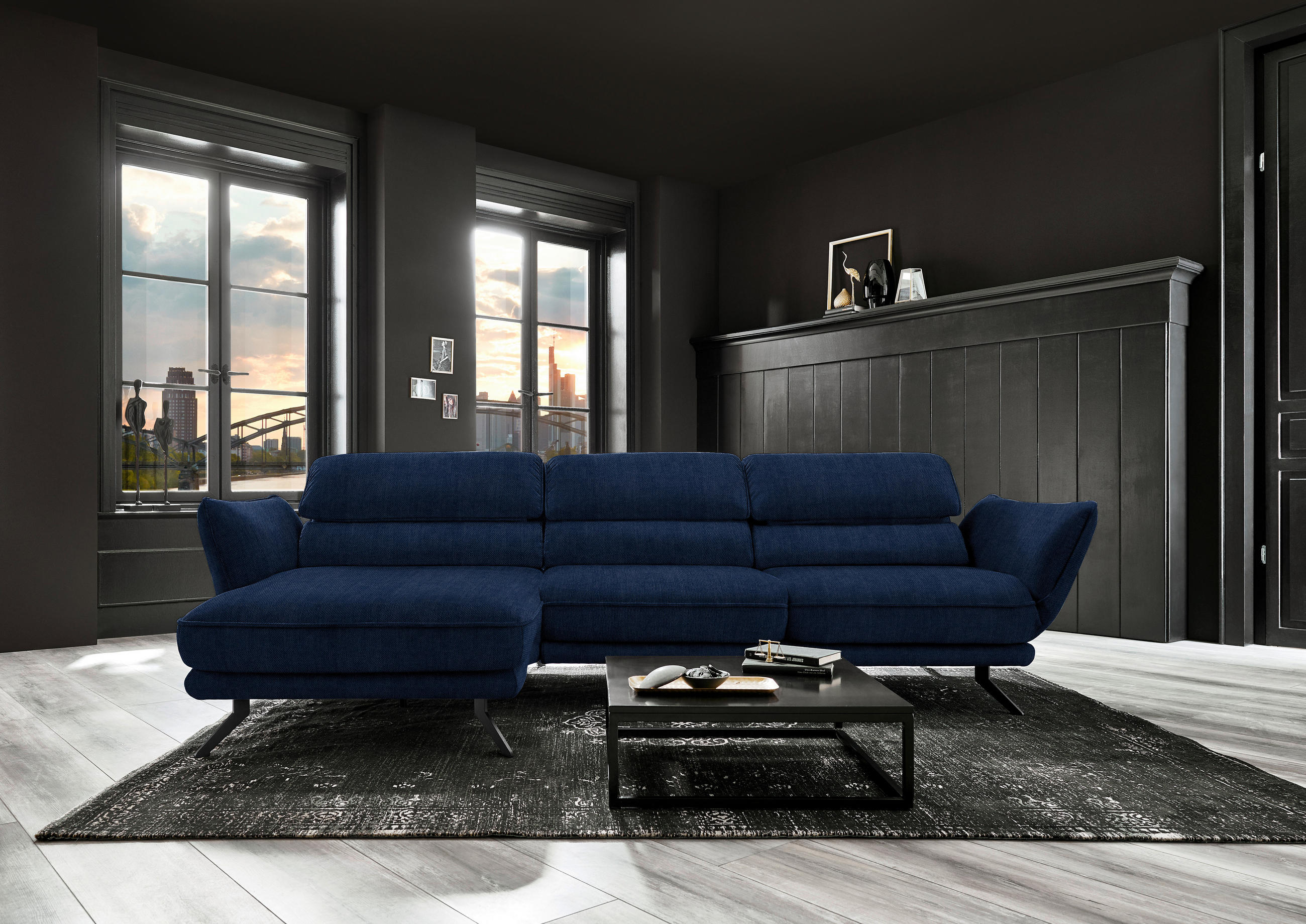 ECKSOFA in Velours Royalblau  - Royalblau/Schwarz, Design, Textil/Metall (153/283cm) - Valdera