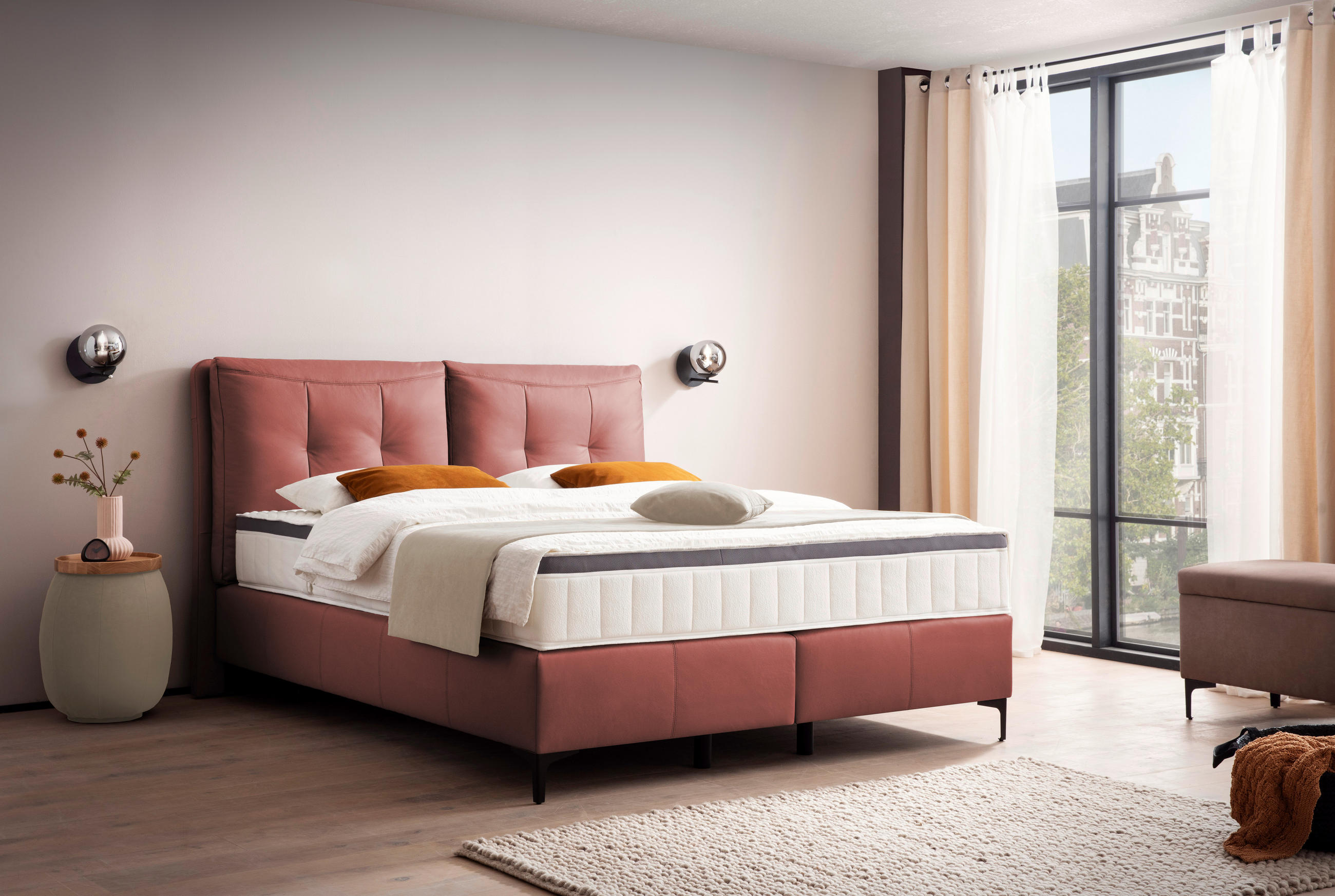 BOXSPRINGBETT 180/200 cm  in Bordeaux  - Bordeaux/Schwarz, Design, Leder/Holz (180/200cm) - Novel