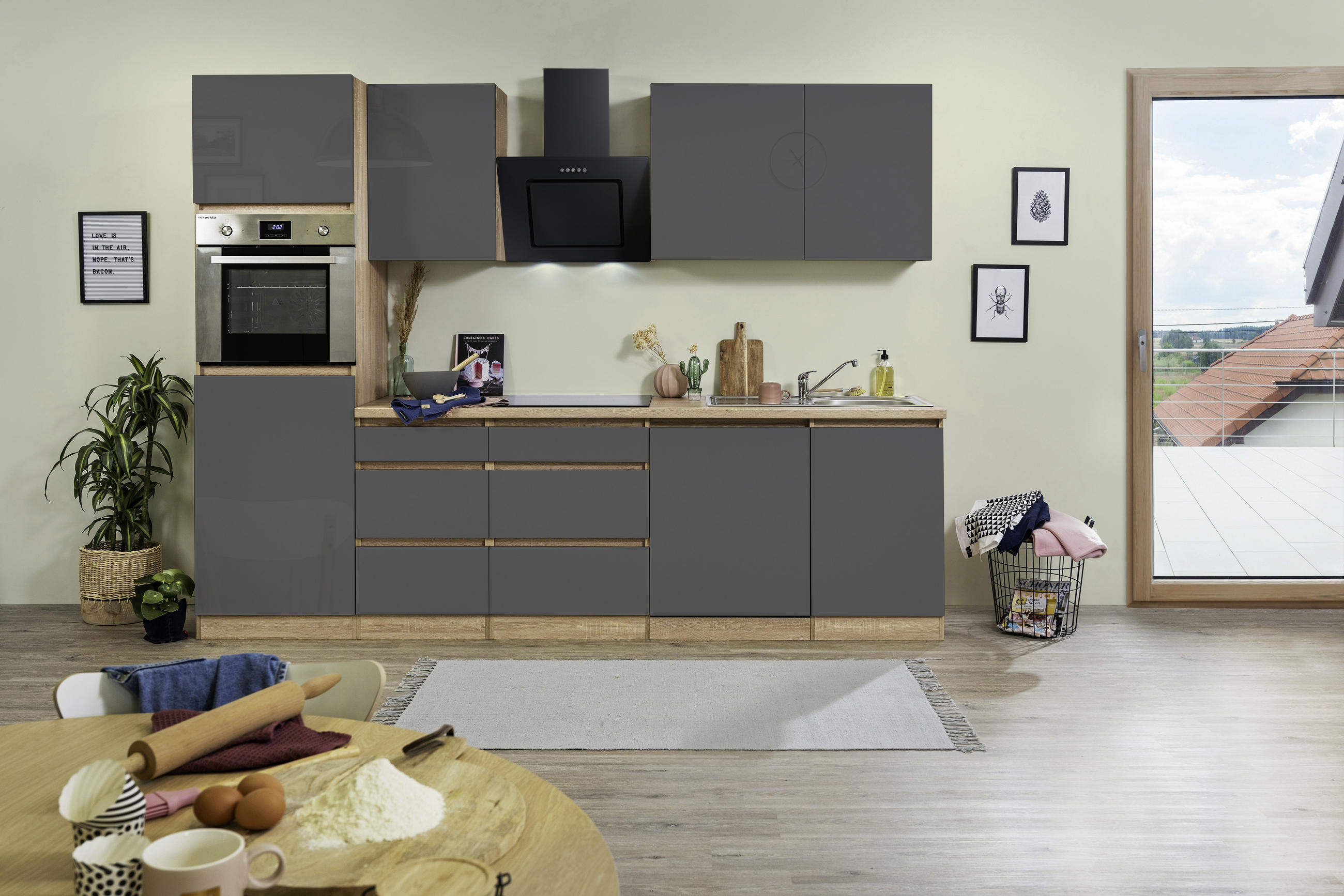 KÜCHENBLOCK 280 cm   in Eichefarben  - Eichefarben/Grau, MODERN, Holzwerkstoff (280cm) - Respekta