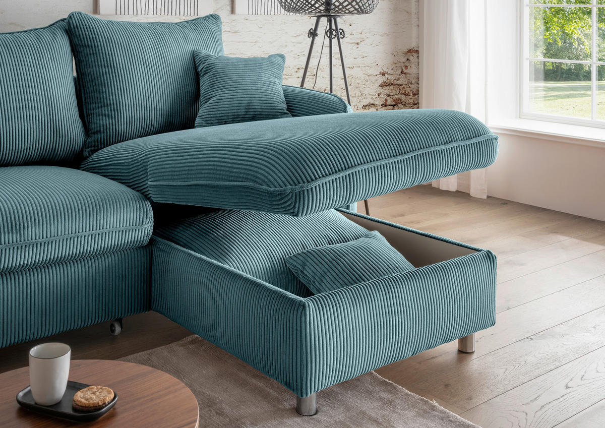 ECKSCHLAFSOFA in Cord Petrol  - Chromfarben/Petrol, Modern, Textil/Metall (254/160cm) - Livetastic