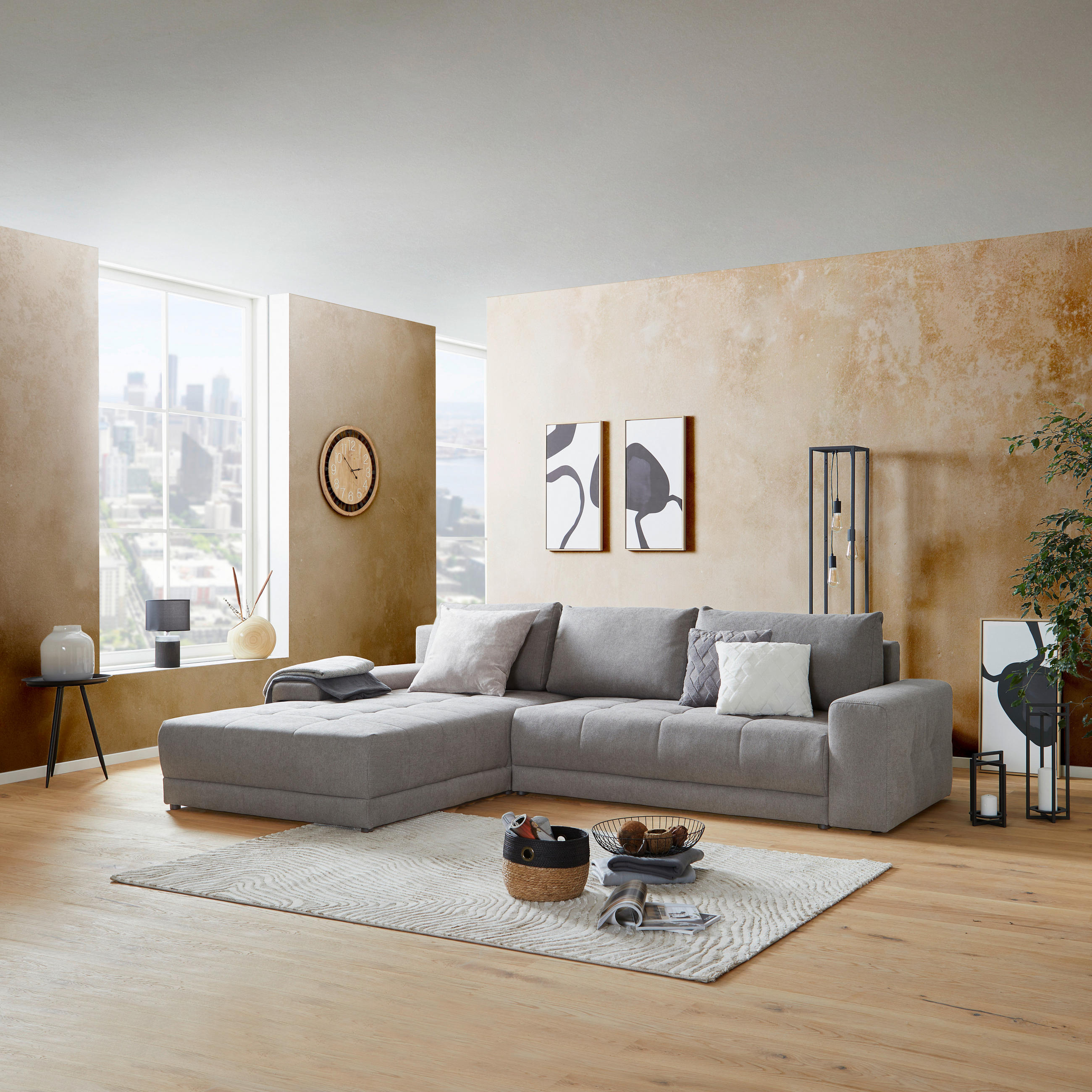 ECKSOFA Greige Webstoff  - Greige/Schwarz, MODERN, Kunststoff/Textil (213/308cm) - MID.YOU