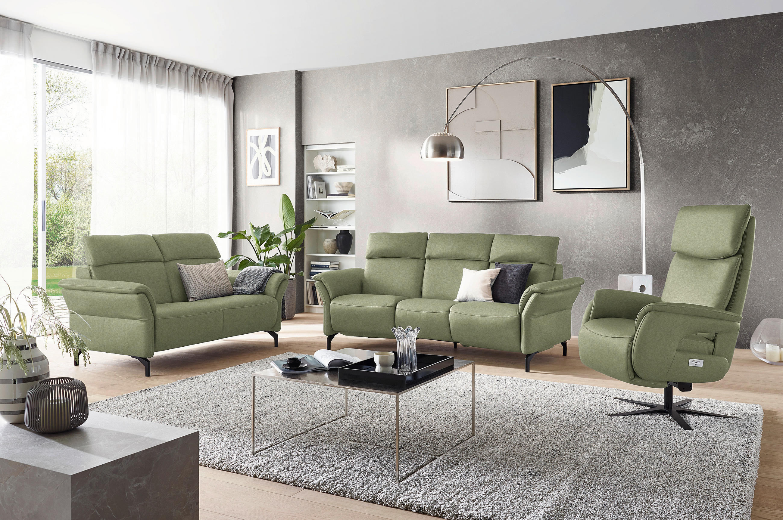 TRAPEZSOFA in Mikrofaser Hellgrün  - Schwarz/Hellgrün, Konventionell, Textil/Metall (221/103/95cm) - Dieter Knoll