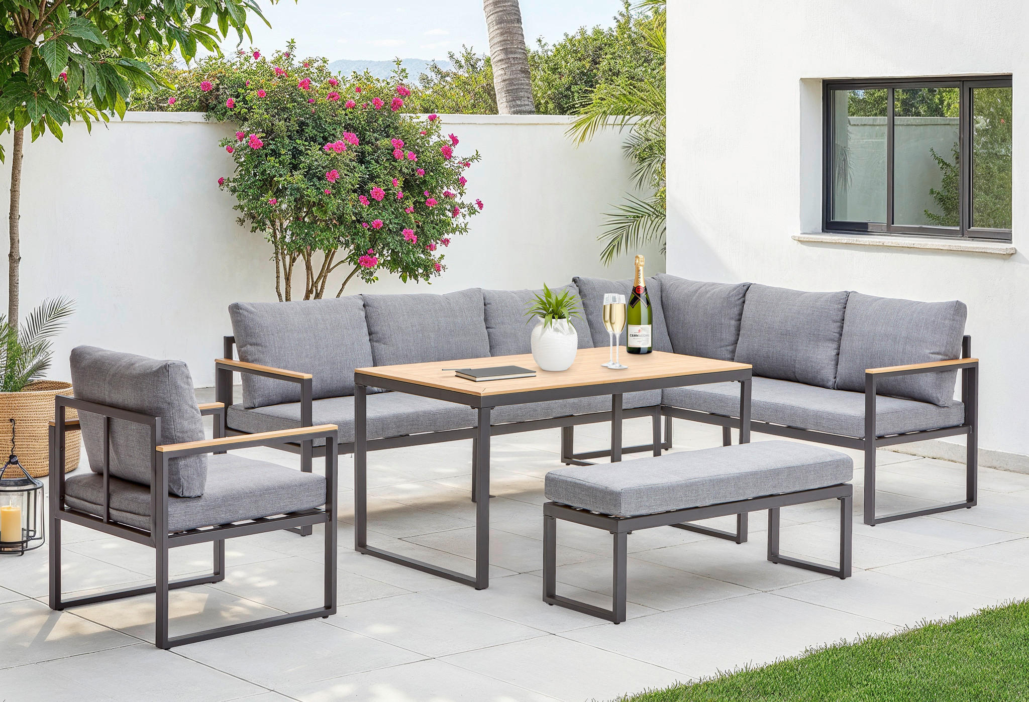 DINING-LOUNGESET 250/187 cm Stahl  - Dunkelgrau/Naturfarben, MODERN, Kunststoff/Textil (250/187cm) - Ambia Garden