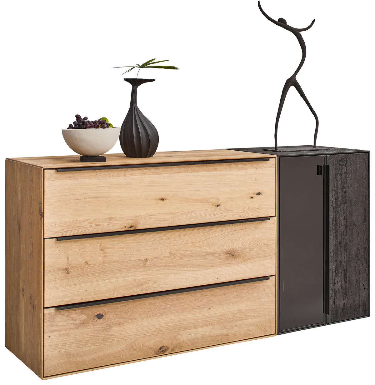 SIDEBOARD Schwarz, Eichefarben  184/90,3/47,1 cm  - Eichefarben/Anthrazit, Natur, Glas/Holz (184/90,3/47,1cm) - Valnatura