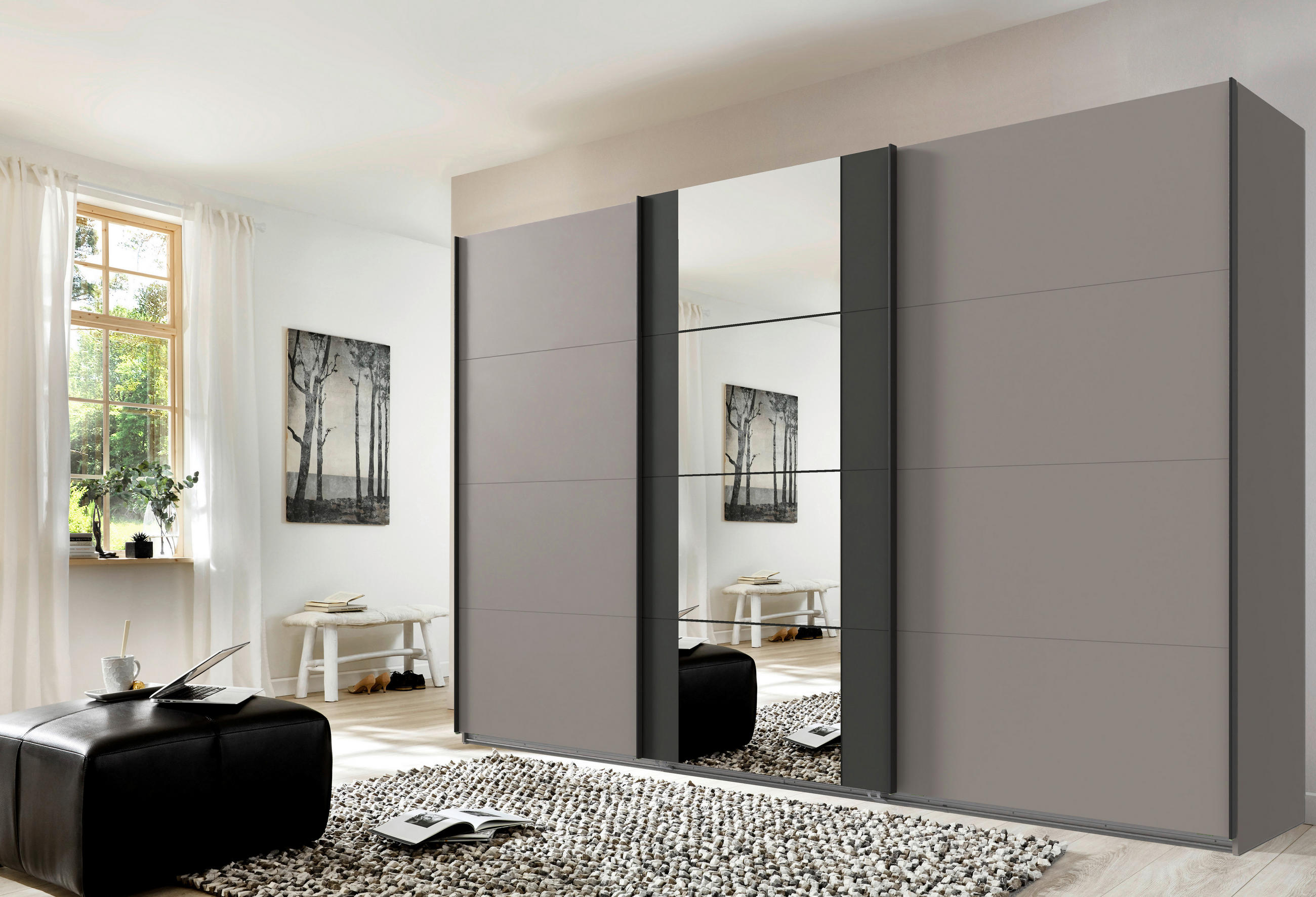 SCHWEBETÜRENSCHRANK  in Graphitfarben, Sahara  - Schwarz/Graphitfarben, KONVENTIONELL, Glas/Holzwerkstoff (313/208/64cm) - Carryhome