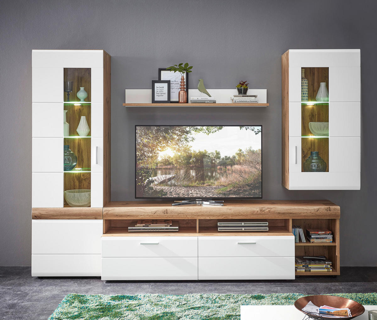 Set Mobila Living, alb, culoare lemn stejar, 280/192/51 cm - argintiu/alb, Konventionell, plastic/sticlă (280/192/51cm) - Xora