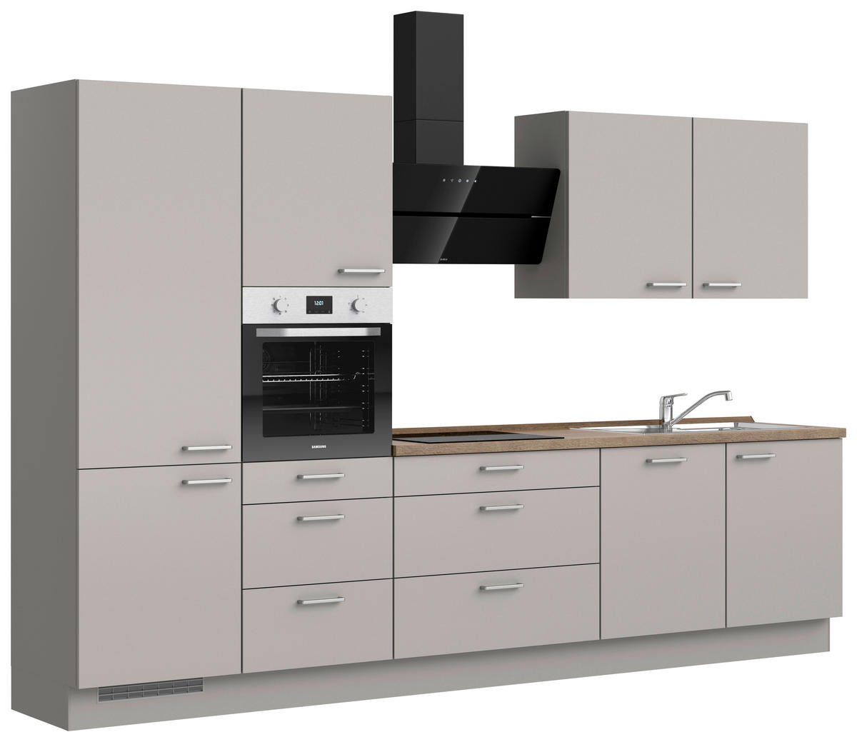 KÜCHENBLOCK 330 cm   in Grau, Eiche dunkel  - Eiche dunkel/Edelstahlfarben, MODERN, Holzwerkstoff/Metall (330cm) - Nobilia