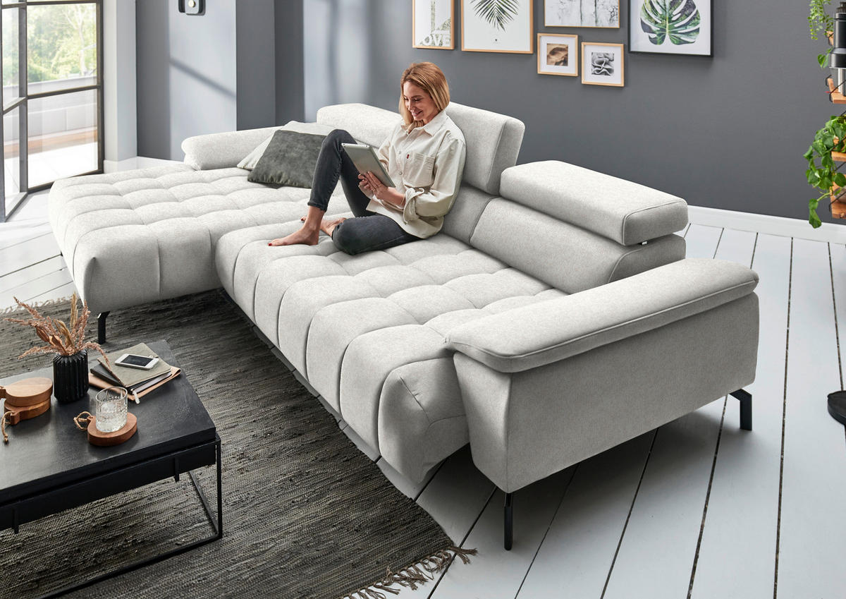 ECKSOFA in Chenille Beige  - Beige/Schwarz, Design, Textil/Metall (190/329cm) - Beldomo Style