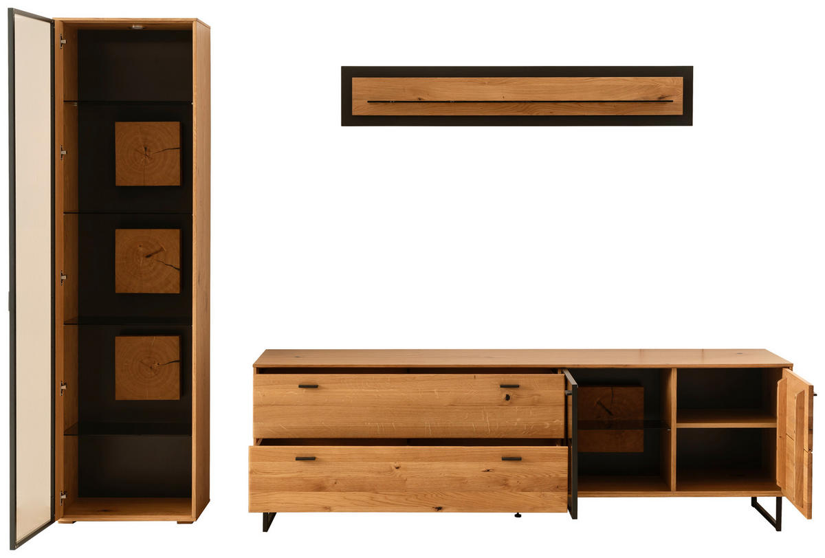 WOHNWAND  in Wildeiche  286/206/50 cm  - Wildeiche/Schwarz, Design, Glas/Holz (286/206/50cm) - MID.YOU