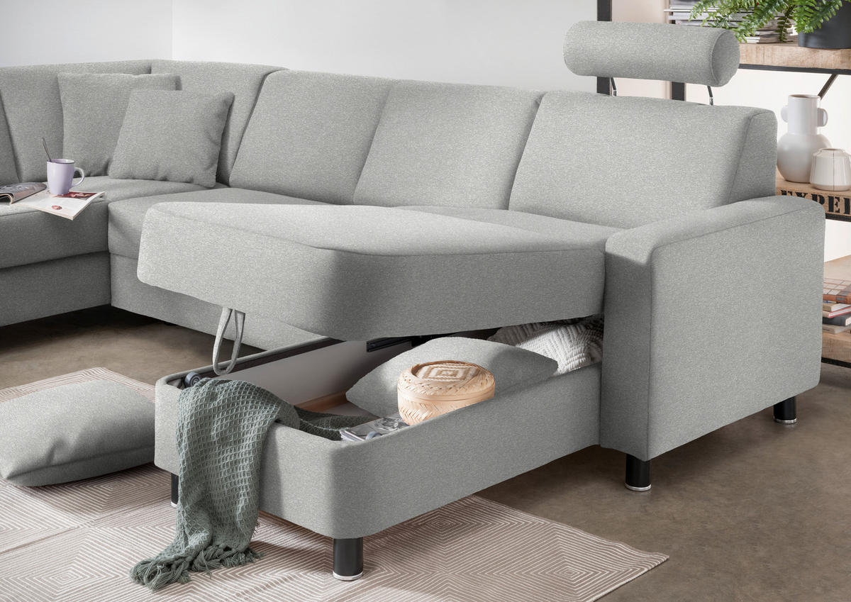 WOHNLANDSCHAFT  in Webstoff Platinfarben  - Platinfarben/Schwarz, Design, Holz/Textil (198/296/165cm) - Xora