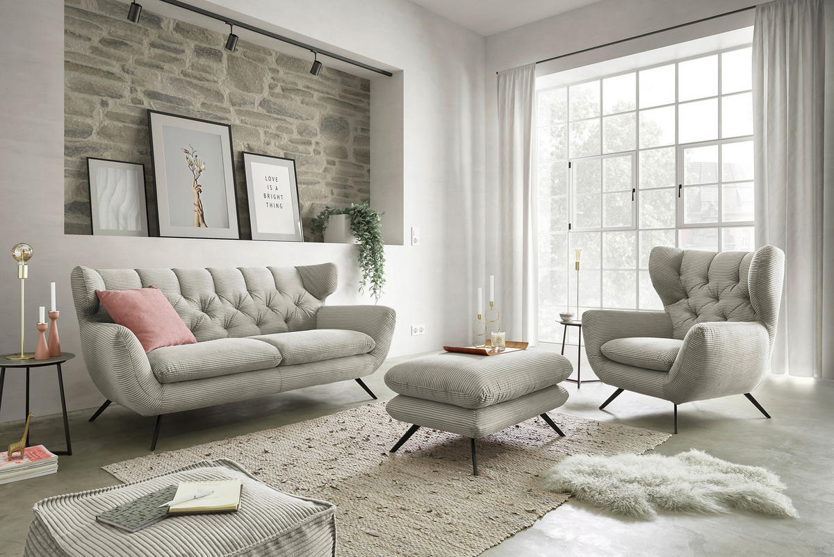 CHESTERFIELD-SOFA Cord Hellgrau  - Hellgrau/Schwarz, MODERN, Textil/Metall (160/94/95cm) - Pure Home Lifestyle