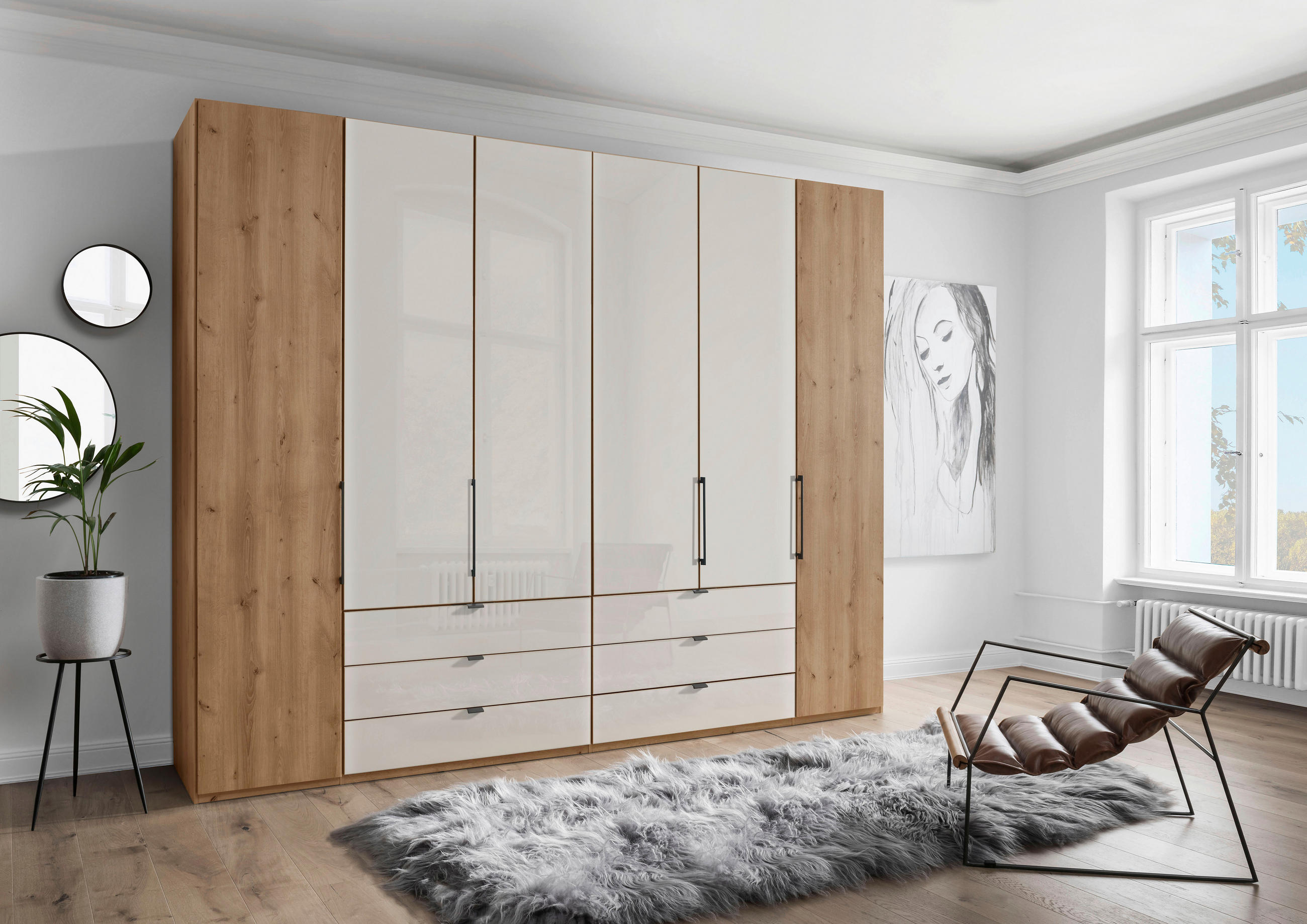 DREHTÜRENSCHRANK 300/216/58 cm 6-türig Champagner, Eiche Bianco  - Schieferfarben/Eiche Bianco, KONVENTIONELL, Glas/Holzwerkstoff (300/216/58cm) - Dieter Knoll