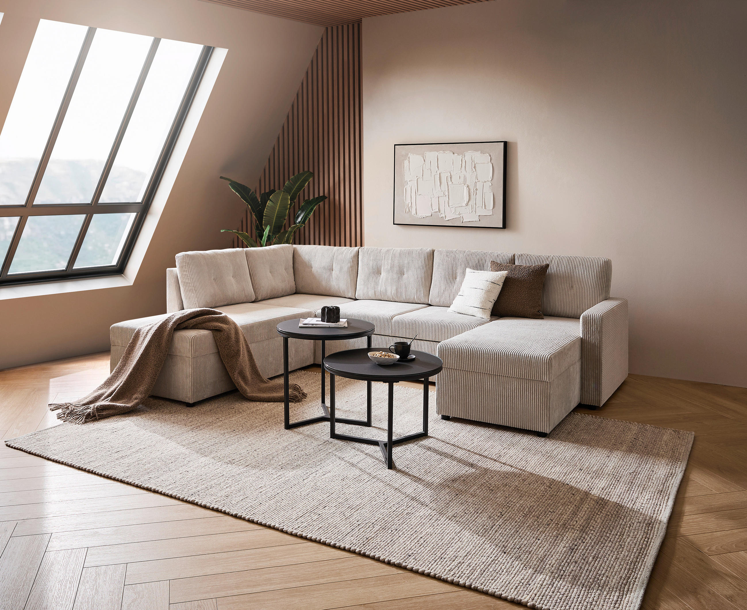 WOHNLANDSCHAFT Naturfarben Cord  - Schwarz/Naturfarben, KONVENTIONELL, Kunststoff/Textil (212/155/293cm) - Ti'me
