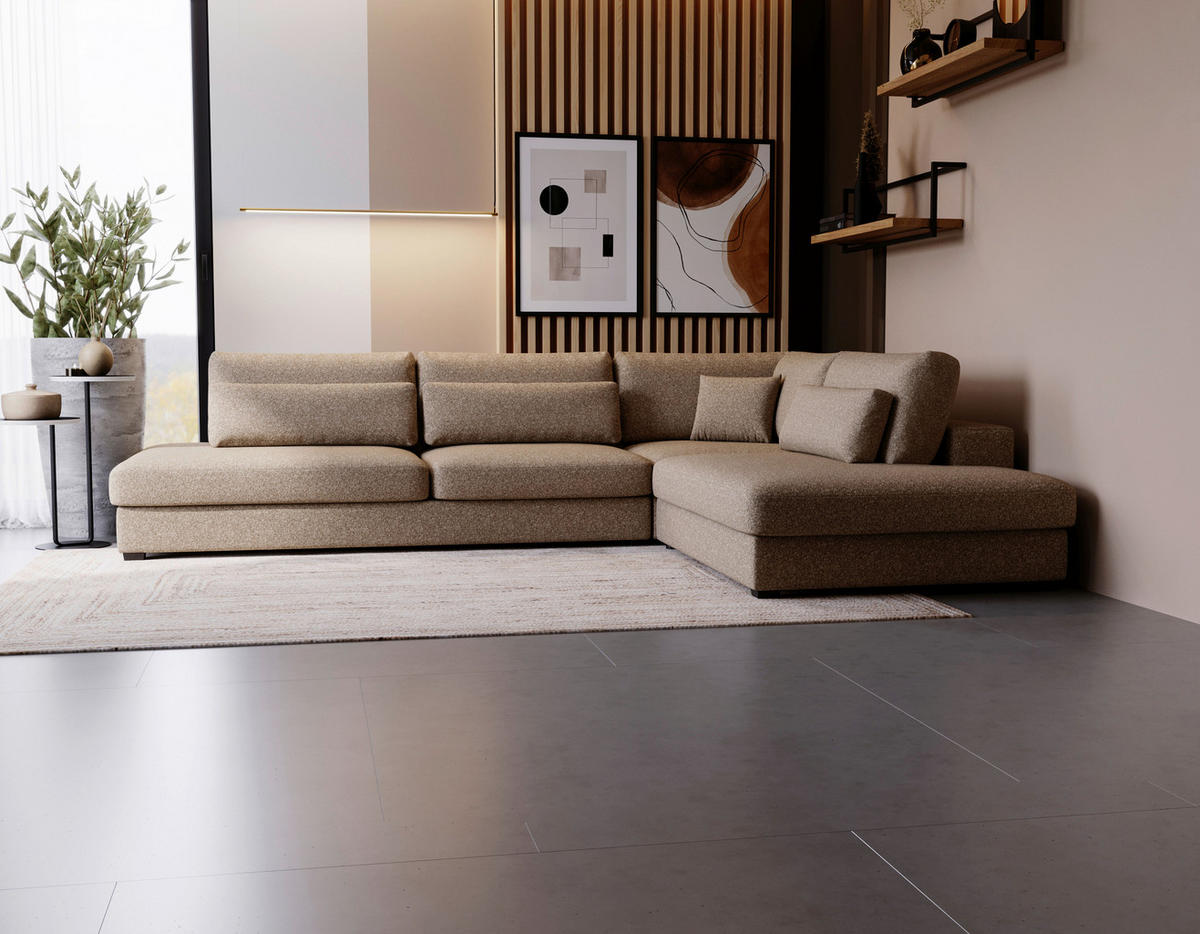 ECKSOFA in Plüsch, Bouclé Hellbraun  - Hellbraun/Schwarz, Design, Kunststoff/Textil (332/244cm) - Livetastic