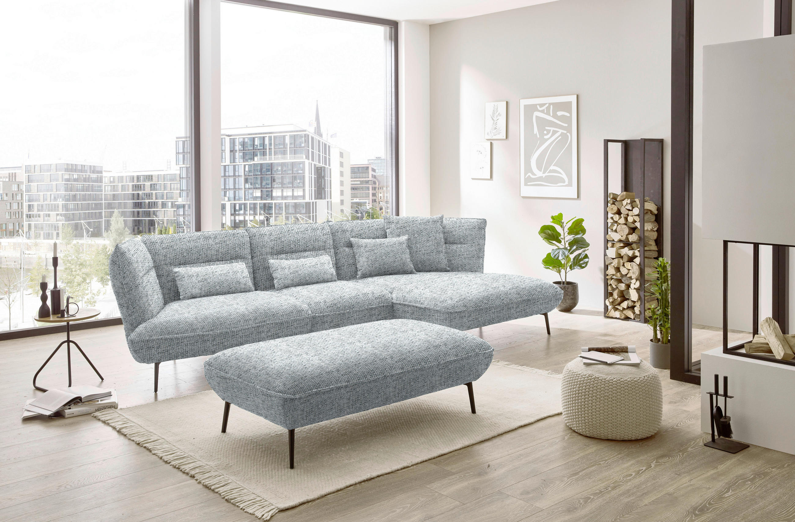ECKSOFA in Flachgewebe Grau  - Schwarz/Grau, Design, Textil/Metall (339/153cm) - Moderano