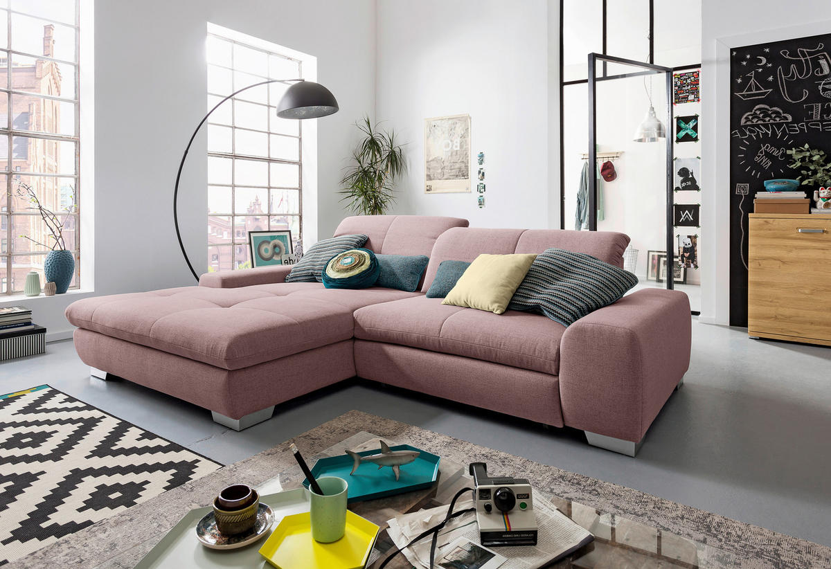 ECKSOFA Rosa Flachgewebe  - Chromfarben/Rosa, Design, Textil/Metall (198/276cm) - SetOne by Musterring