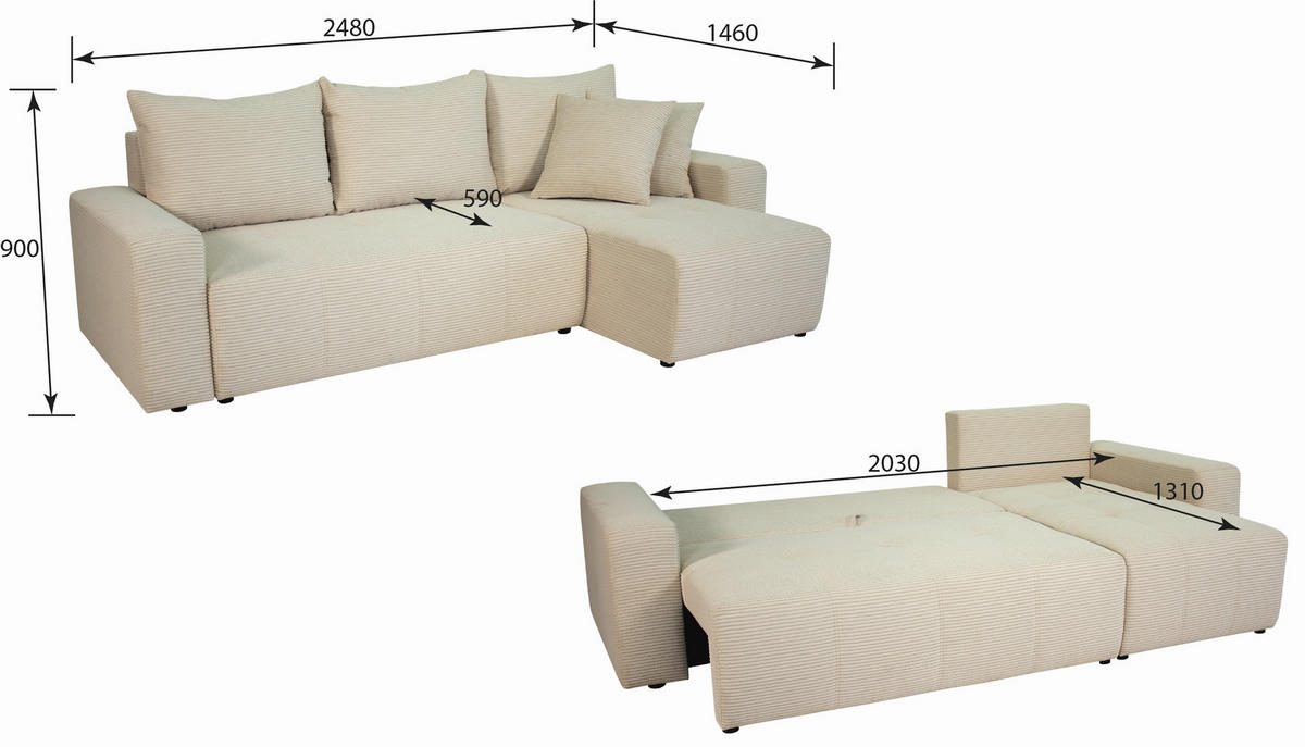 ECKSOFA in Cord Dunkelgrau  - Dunkelgrau/Schwarz, Design, Kunststoff/Textil (248/146cm) - MID.YOU