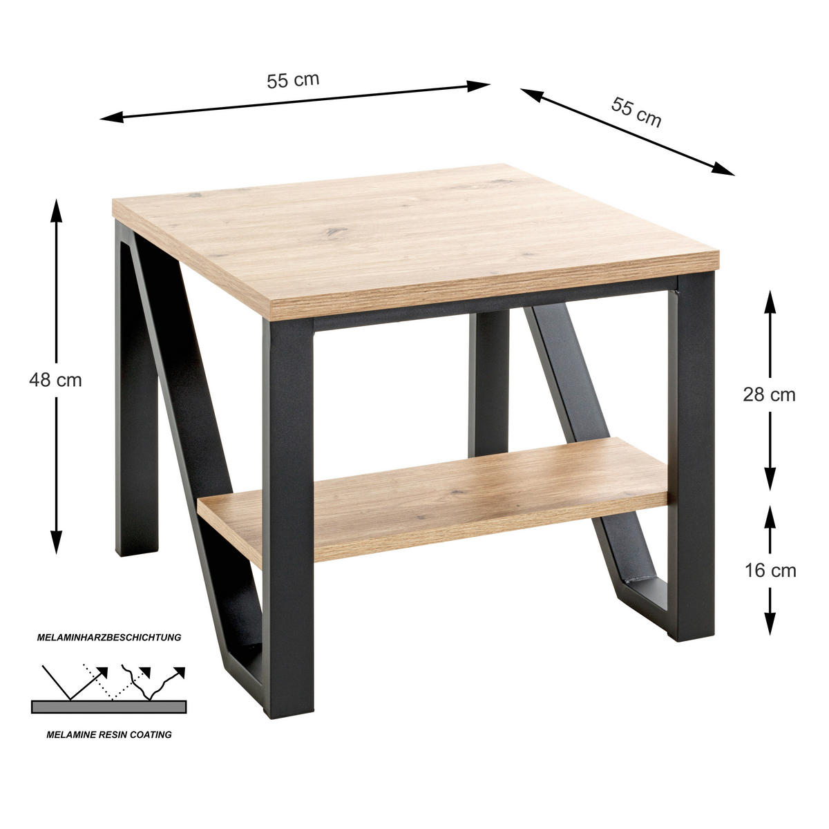 BEISTELLTISCH in Metall, Holzwerkstoff 55/55/48 cm  - Eichefarben/Schwarz, Trend, Holzwerkstoff/Metall (55/55/48cm)