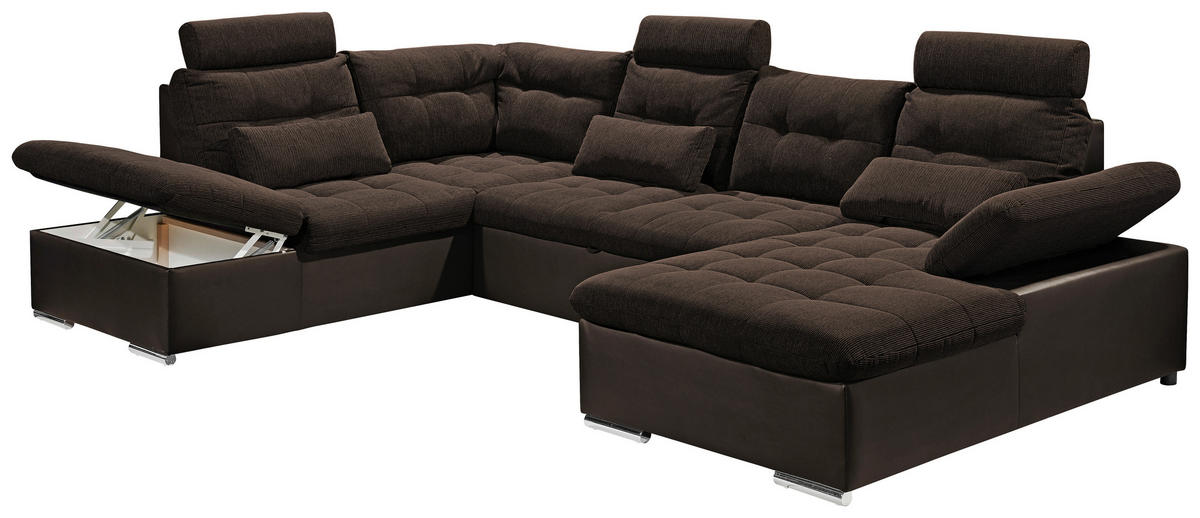 WOHNLANDSCHAFT in Webstoff Dunkelbraun  - Dunkelbraun/Silberfarben, MODERN, Holzwerkstoff/Textil (218/324/170cm) - MID.YOU