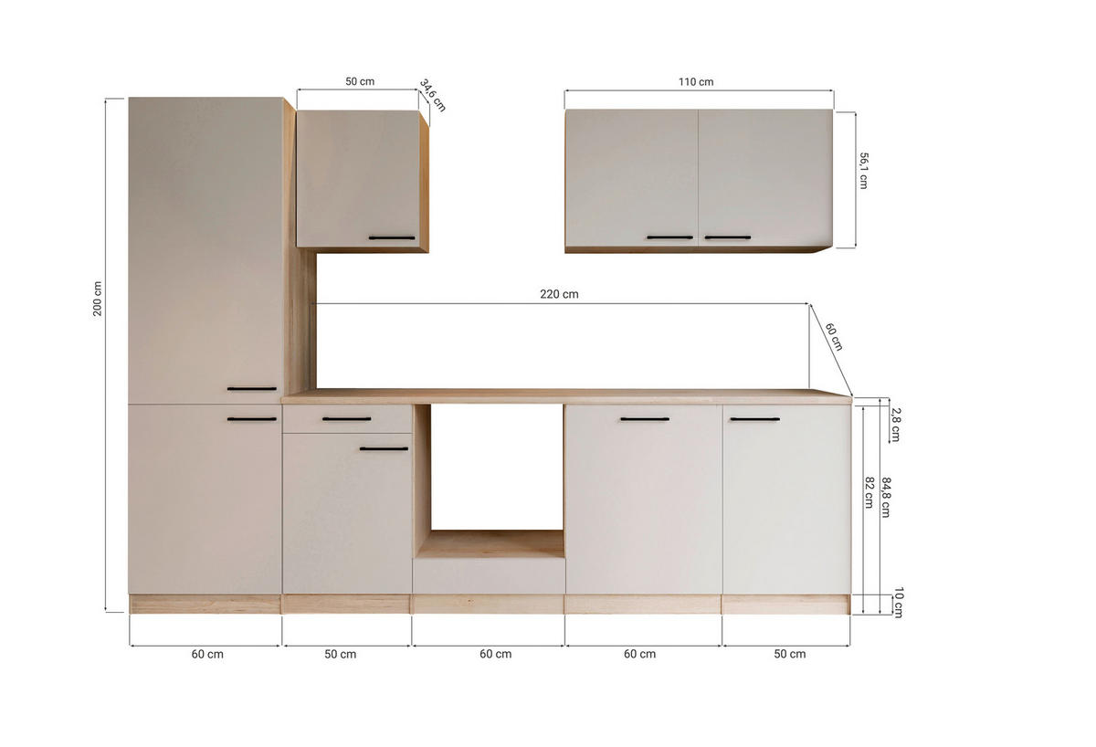 KÜCHENLEERBLOCK Merle 280 cm  in Kaschmir  - Kaschmir/Eichefarben, Trend, Holzwerkstoff/Metall (280cm) - Respekta