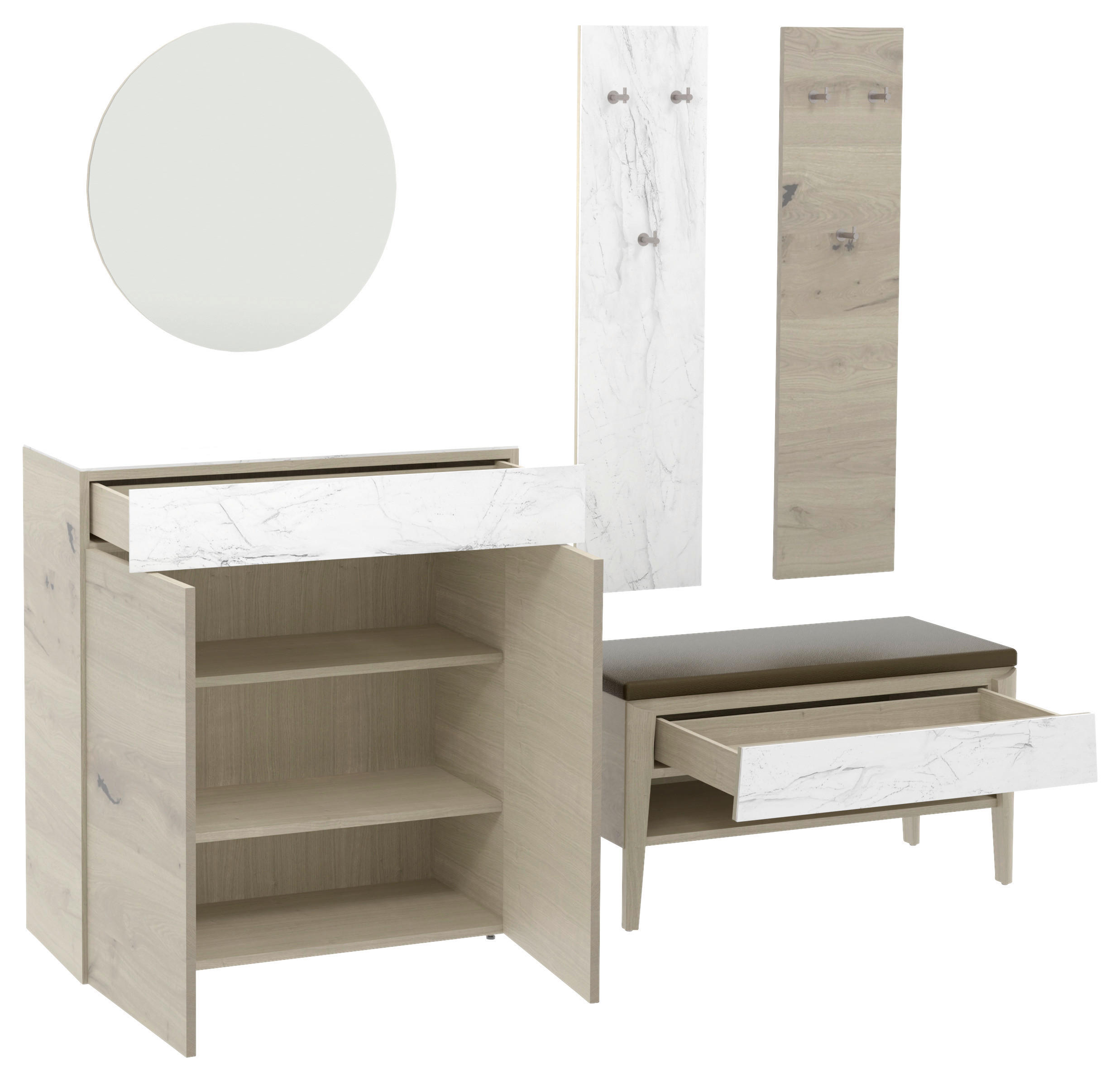 GARDEROBE 5-teilig  in 220/194/42,6 cm  - Eichefarben/Weiß, Natur, Glas/Leder (220/194/42,6cm) - Voglauer
