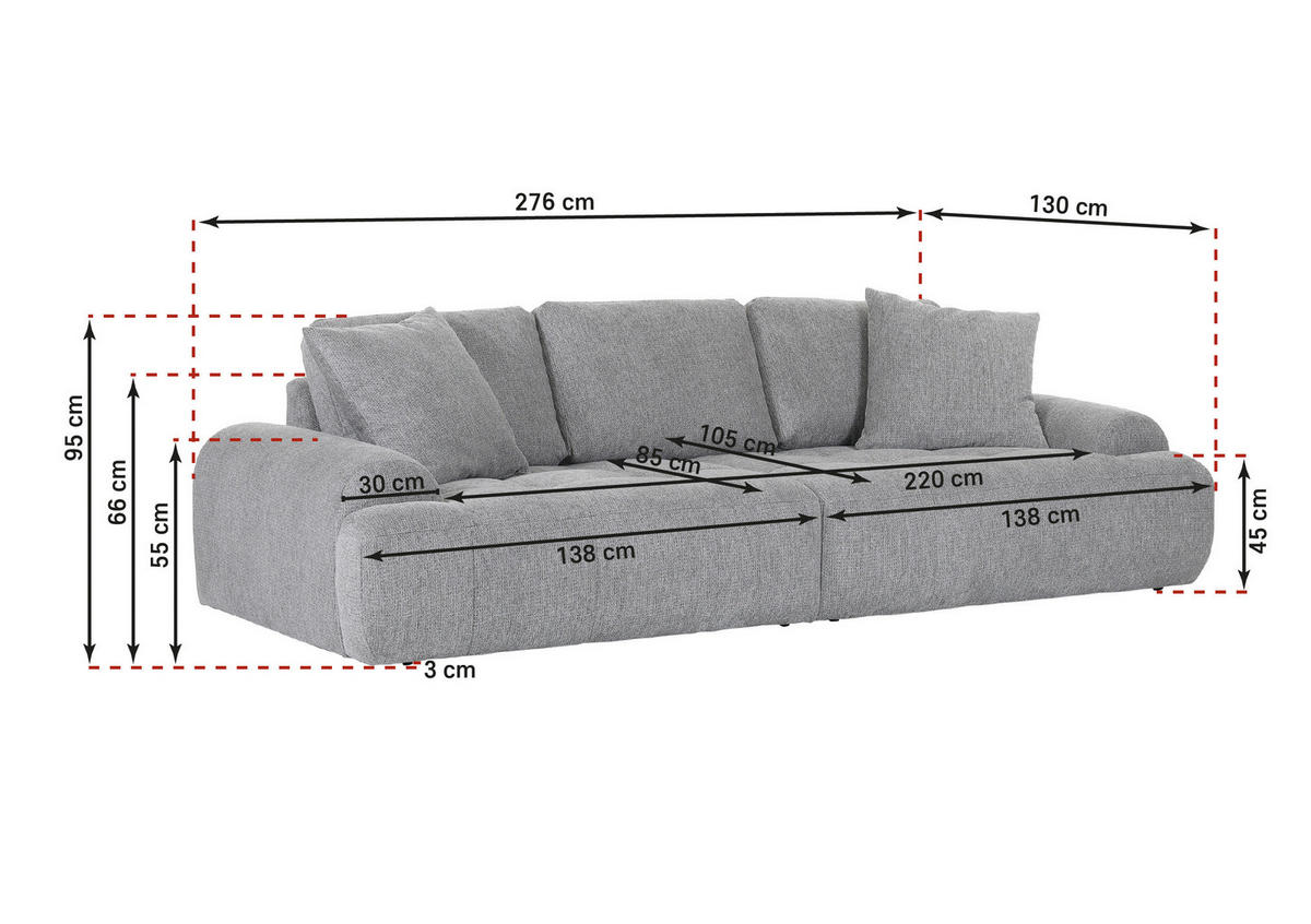 BIGSOFA Flachgewebe Grau  - Schwarz/Grau, KONVENTIONELL, Kunststoff/Textil (276/95/130cm) - Carryhome
