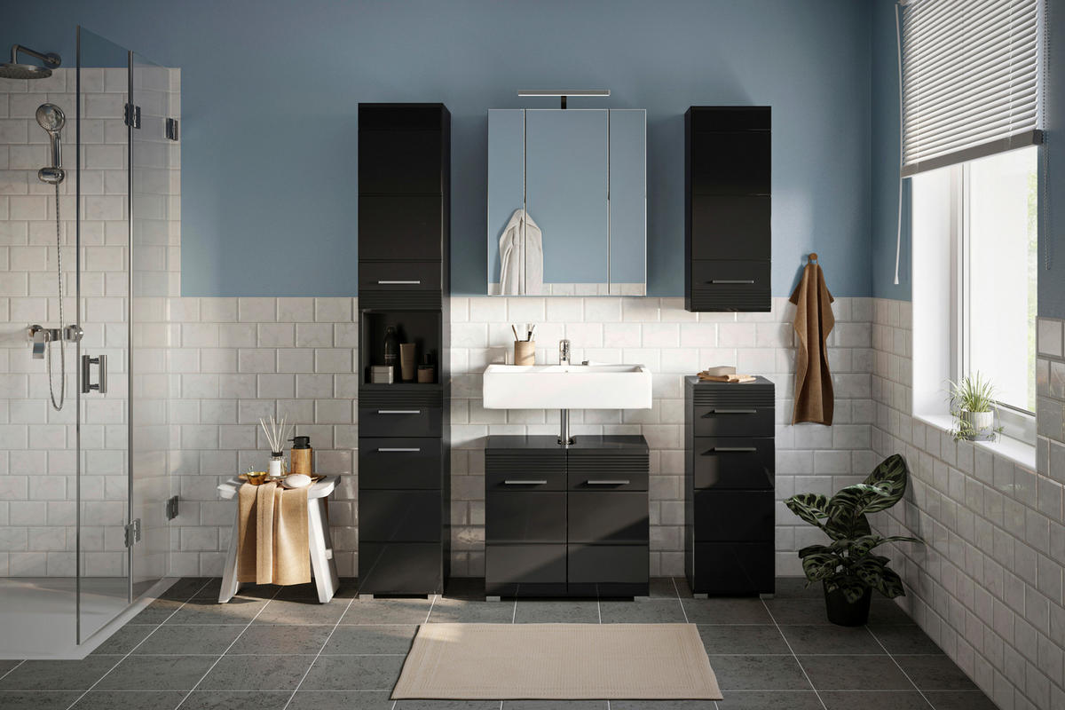 BADEZIMMER 5-teilig  in 120 cm  - Schwarz Hochglanz/Silberfarben, MODERN, Glas/Holzwerkstoff (120cm) - MID.YOU