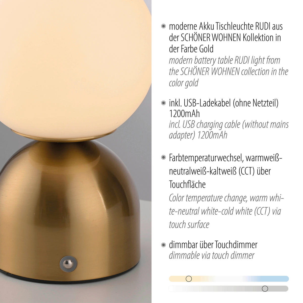 AKKU-TISCHLEUCHTE SW RUDI 12/12/20 cm   - Goldfarben, Design, Glas/Kunststoff (12/12/20cm) - Schöner Wohnen