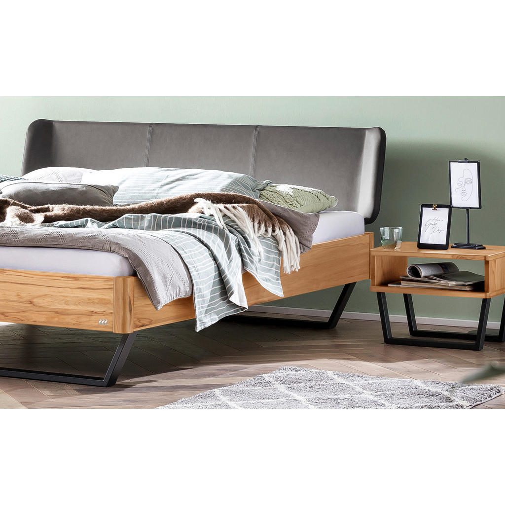 Thumbnail - Hasena Bett, Anthrazit, Buche, Dunkelgrau, Holz, Textil, Buche, massiv, Höhe ca. 22 cm, 180x200 cm, gepolstertes Kopftei...