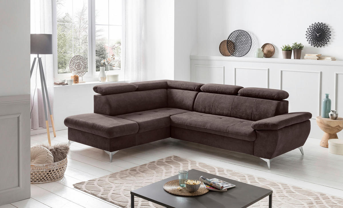 ECKSOFA Dunkelbraun Mikrofaser  - Chromfarben/Dunkelbraun, KONVENTIONELL, Textil/Metall (209/256cm) - Livetastic