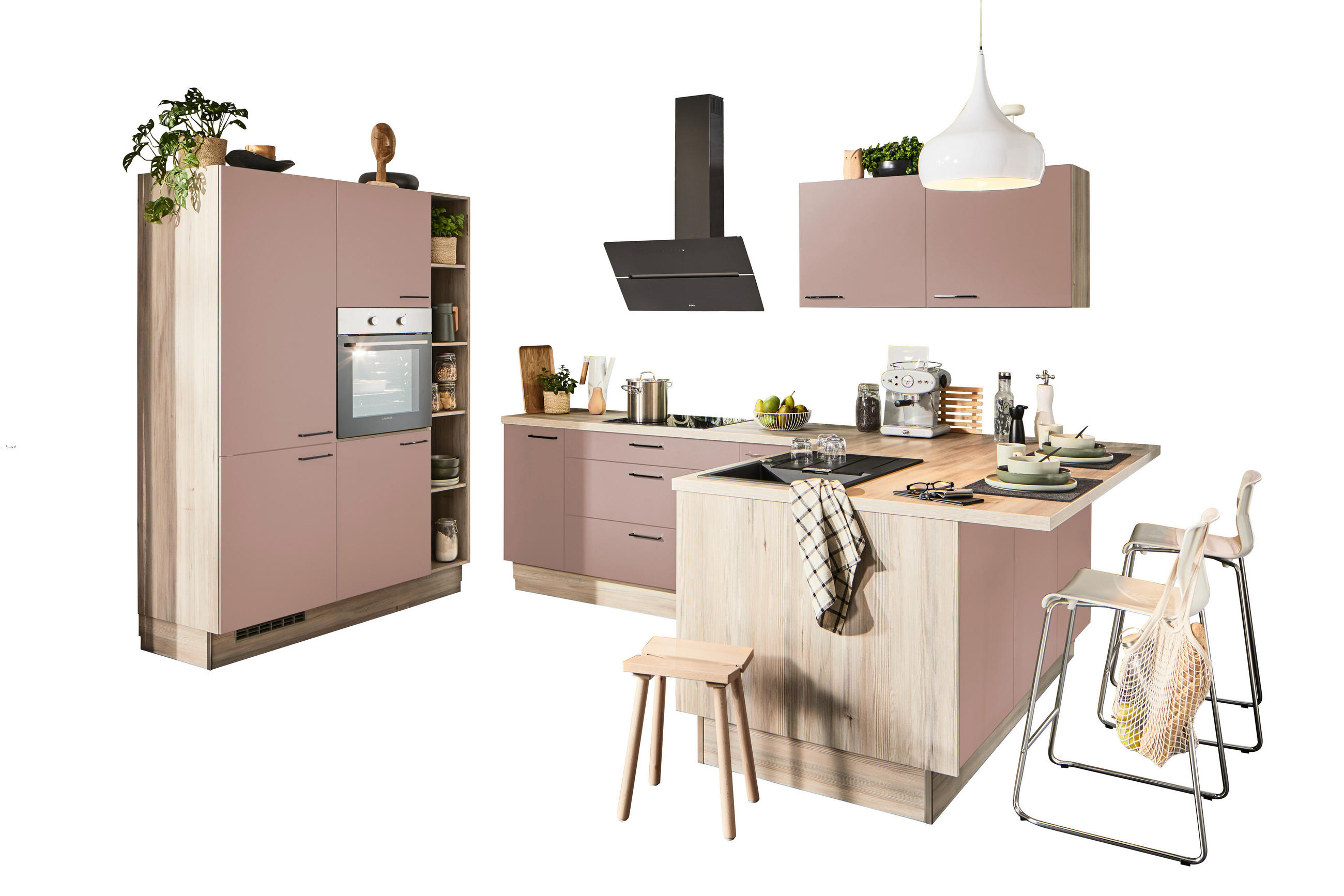 ECKKÜCHE  in Rosa, Tannenholzfarben  - Tannenholzfarben/Schwarz, Design, Holzwerkstoff/Metall (150/280/121,6cm) - Xora