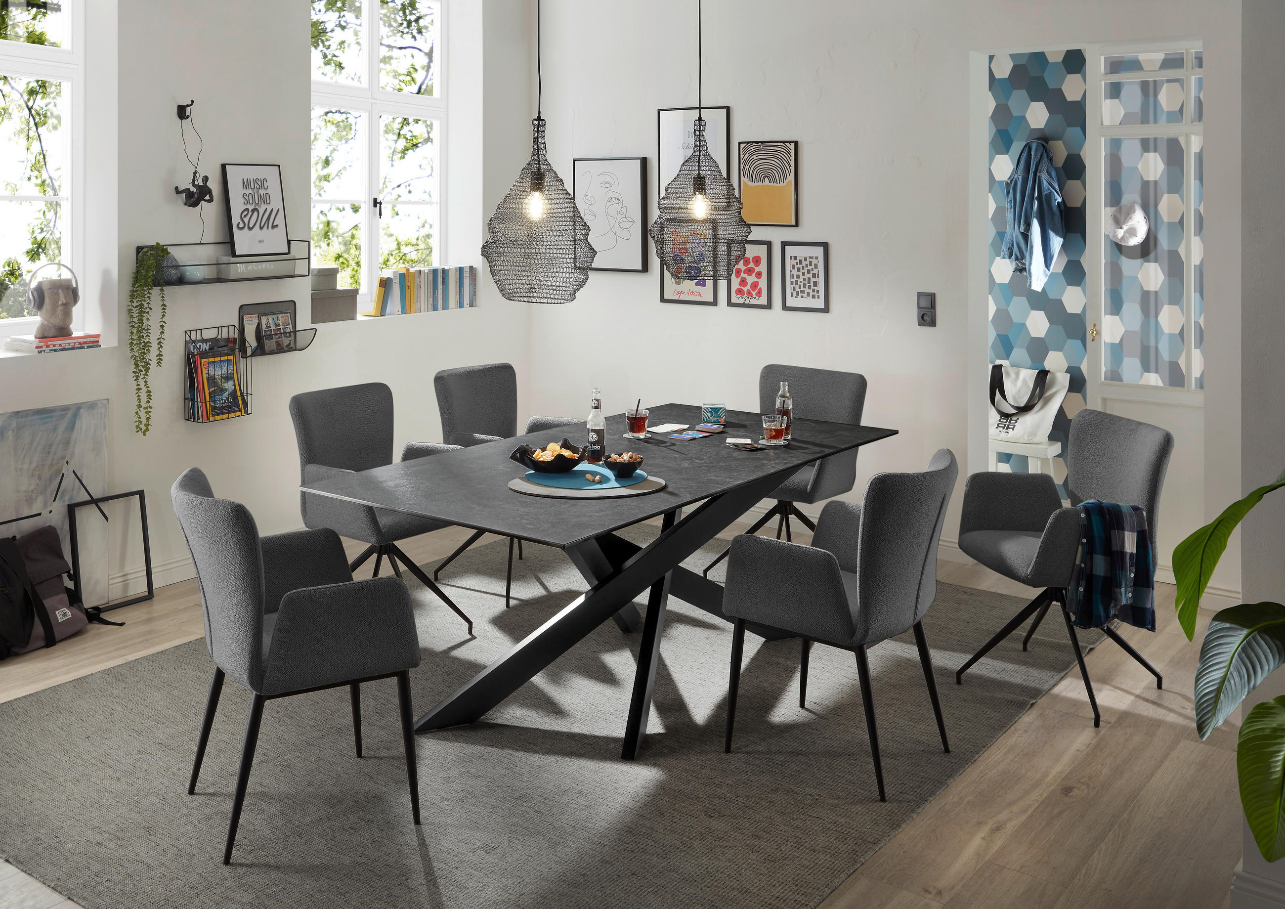 Thumbnail - SetOne by Musterring Esstisch, Schwarz, Dunkelgrau, Metall, Glas, Keramik, rechteckig, eckig, X-Form, 100x75x200 cm, Ess...