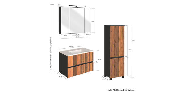 BADEZIMMER  in 120 cm  - Eiche Wotan/Graphitfarben, KONVENTIONELL, Glas/Holzwerkstoff (120cm) - Xora