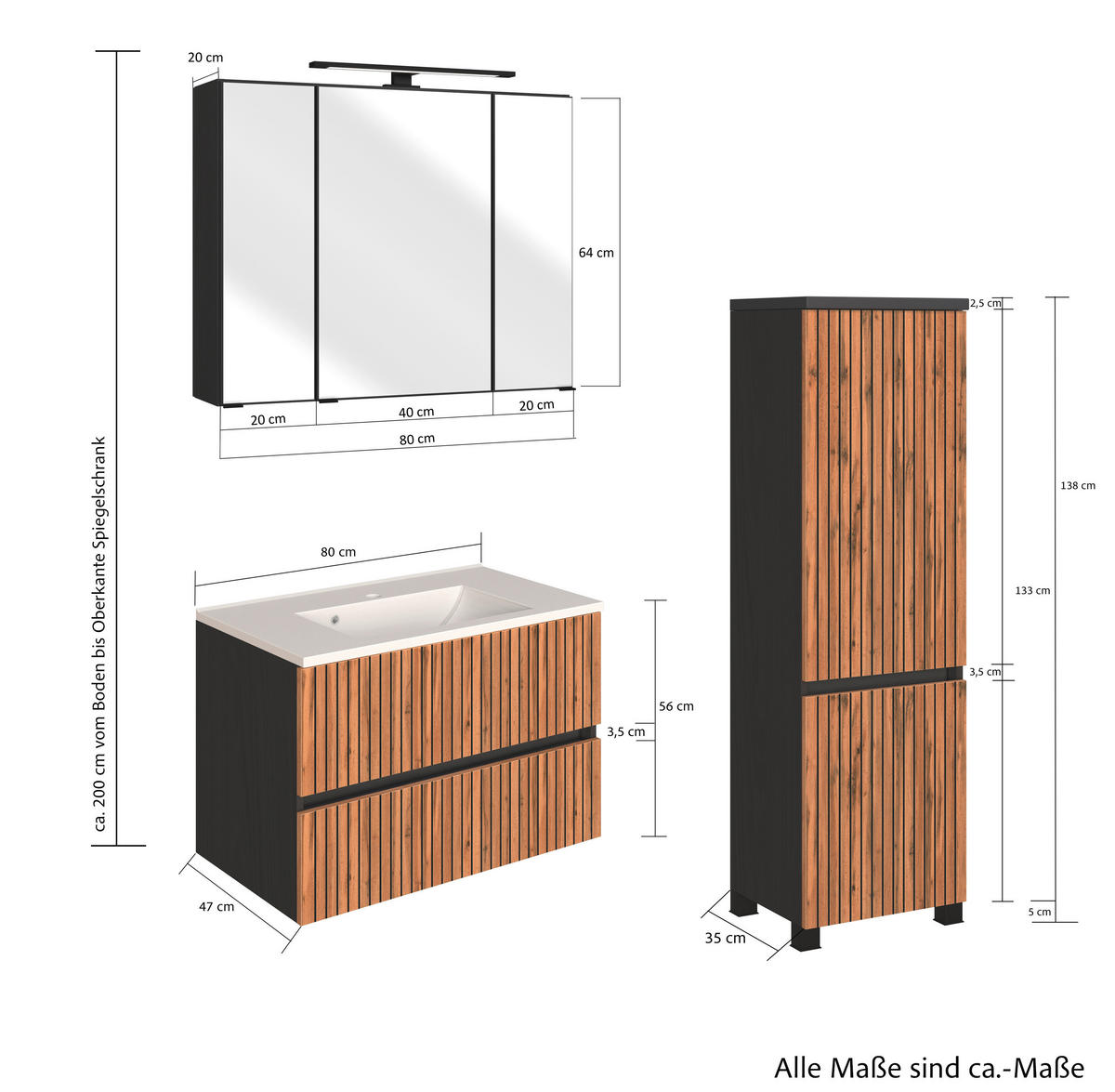 BADEZIMMER  in 120 cm  - Eiche Wotan/Graphitfarben, KONVENTIONELL, Glas/Holzwerkstoff (120cm) - Xora