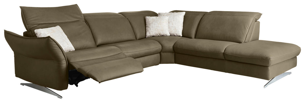 ECKSOFA in Echtleder Mokka  - Edelstahlfarben/Mokka, Design, Leder/Metall (292/258cm) - Hukla