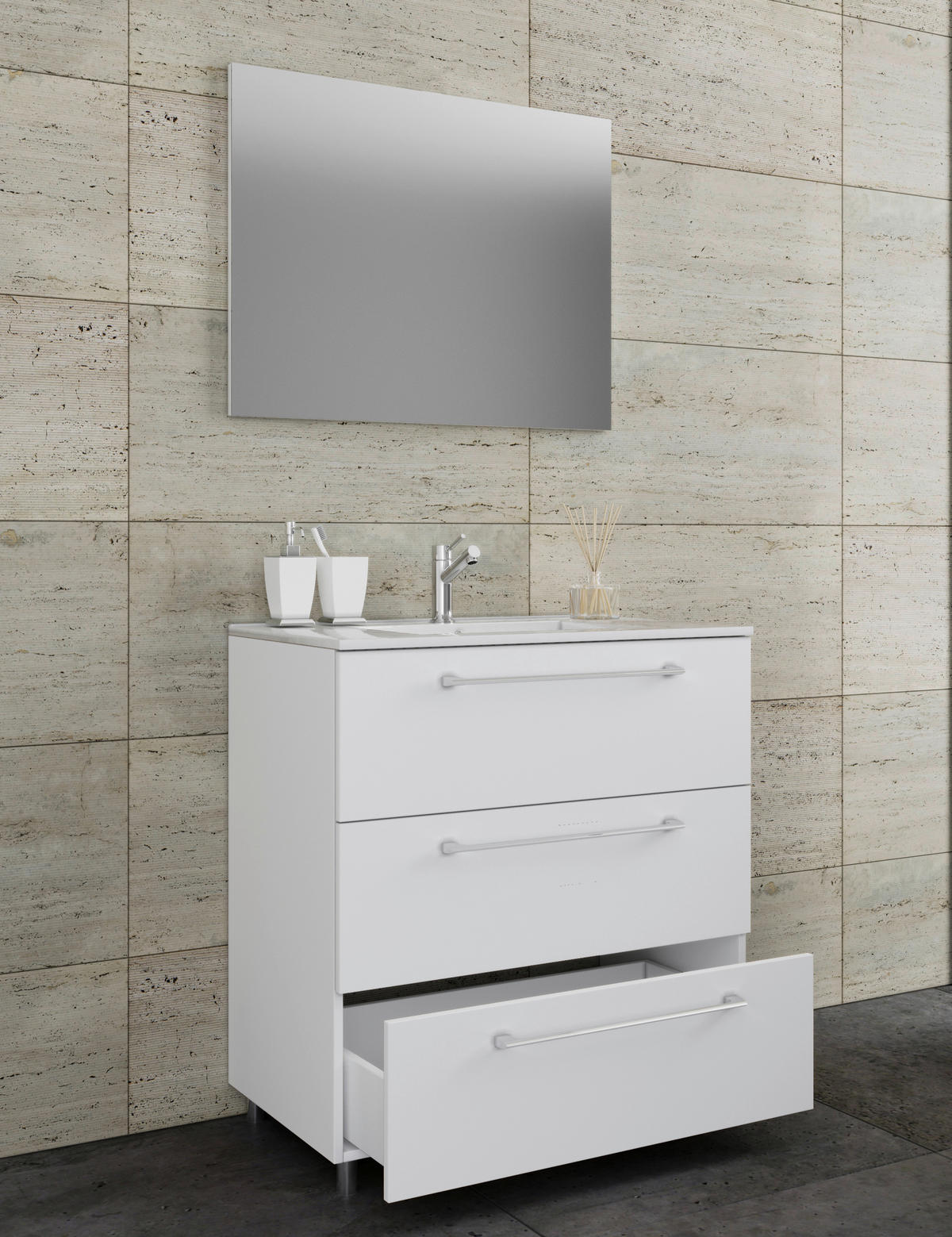 BADEZIMMER 3-teilig  in 80 cm  - Alufarben/Weiß, MODERN, Keramik/Holzwerkstoff (80cm) - MID.YOU