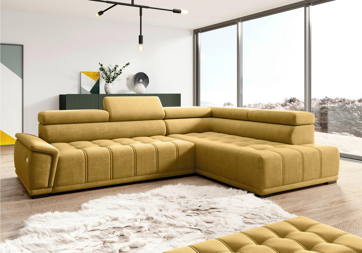 HÖRNSOFFA i chenille, vävt tyg senapsgul  - svart/senapsgul, Modern, textil/plast (283/106cm) - MID.YOU