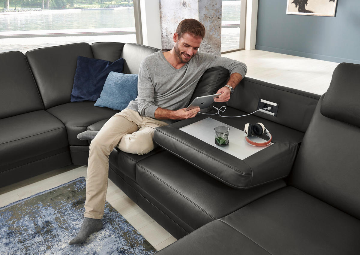 WOHNLANDSCHAFT in Echtleder Anthrazit  - Anthrazit/Alufarben, Konventionell, Leder/Metall (239/329/165cm) - Beldomo Premium