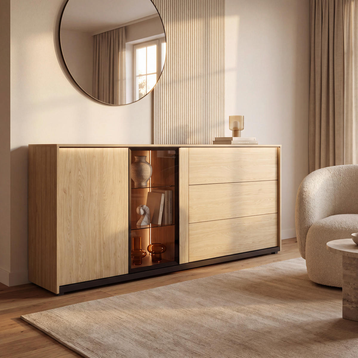 SIDEBOARD FRAME 195/82/40 cm 3 Schublade(n)  - Eichefarben/Schwarz, MODERN, Glas/Holzwerkstoff (195/82/40cm) - Stylife